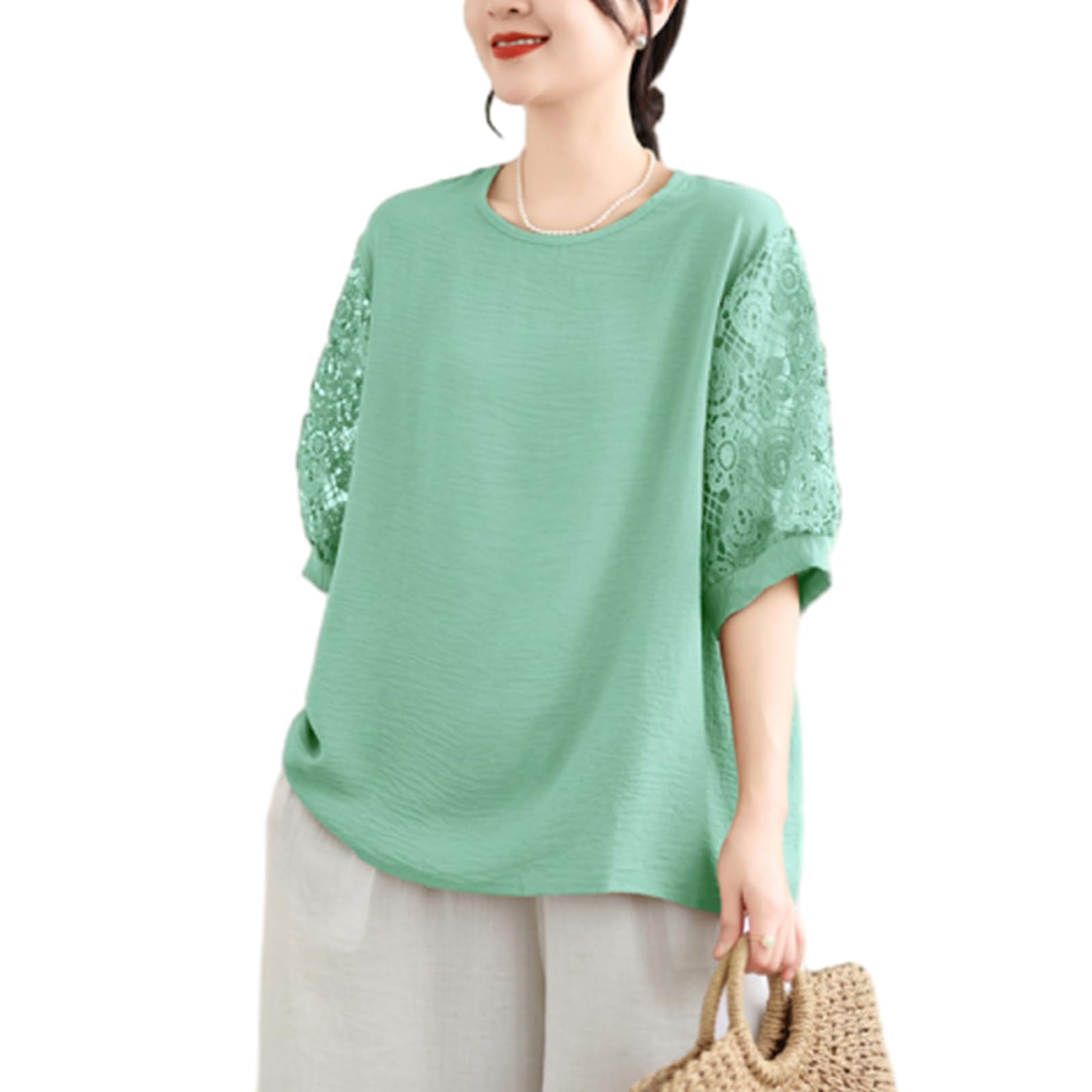 【送料無料】[RoyzTocz] tシャツ レディース 半袖 トップス 花柄 丸襟 ファッション レース切り替え カジュアル 透かし彫り パッチワーク 通気性 無地 体型カバー 着せ ゆったりタイプ 春 夏服 色：グリーン、サイズ：Free Size