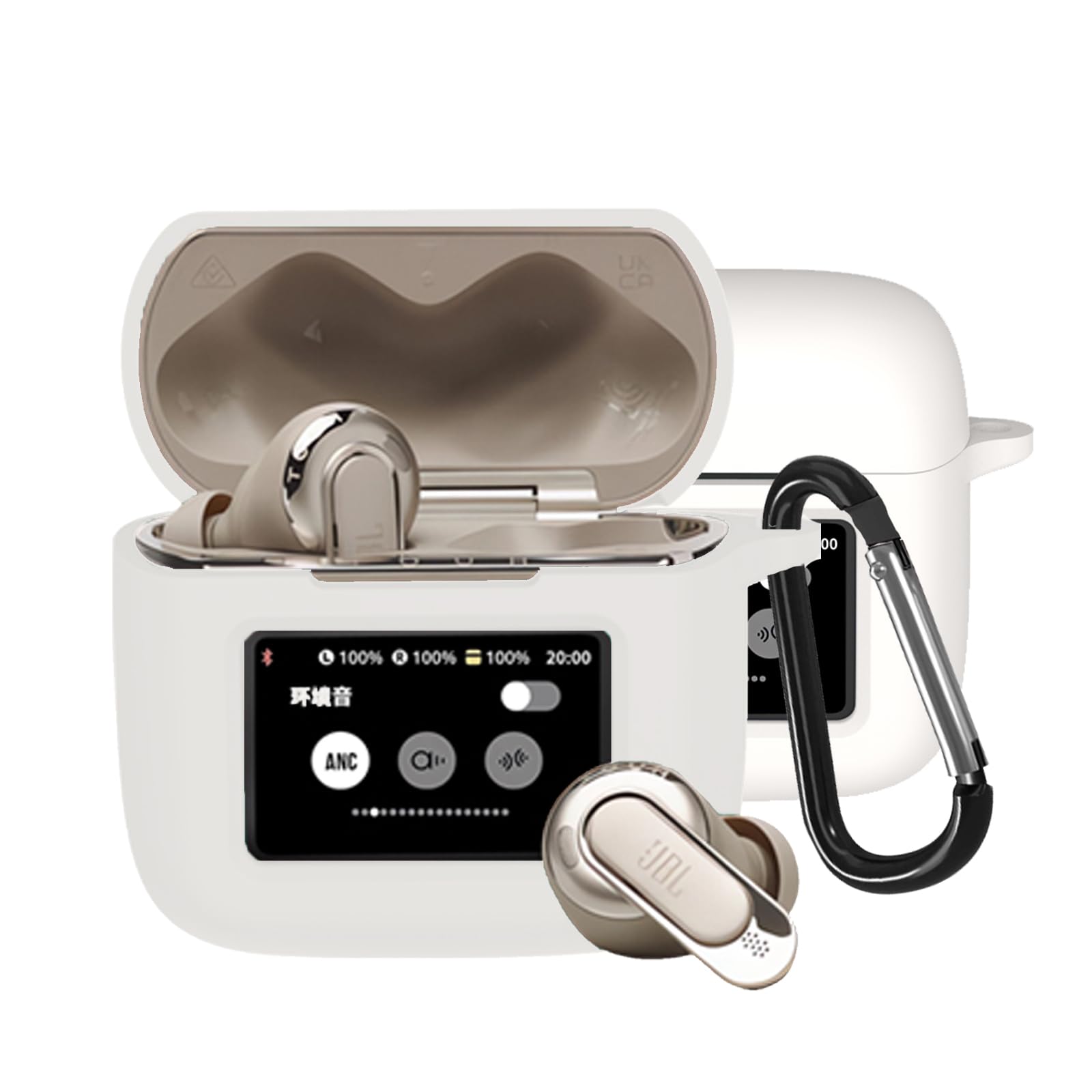 【送料無料】BUITFOU JBL TOUR PRO 2 ケース TOUR PRO 2 保護カバー TOUR PRO 2 ケース 柔らかい シリコン製 落下防止 キズ防止 耐衝撃 防塵 軽量 装着充電可能 カラビナ付き 紛失防止 色：ホワイト、サイズ：JBL TOUR PRO 3