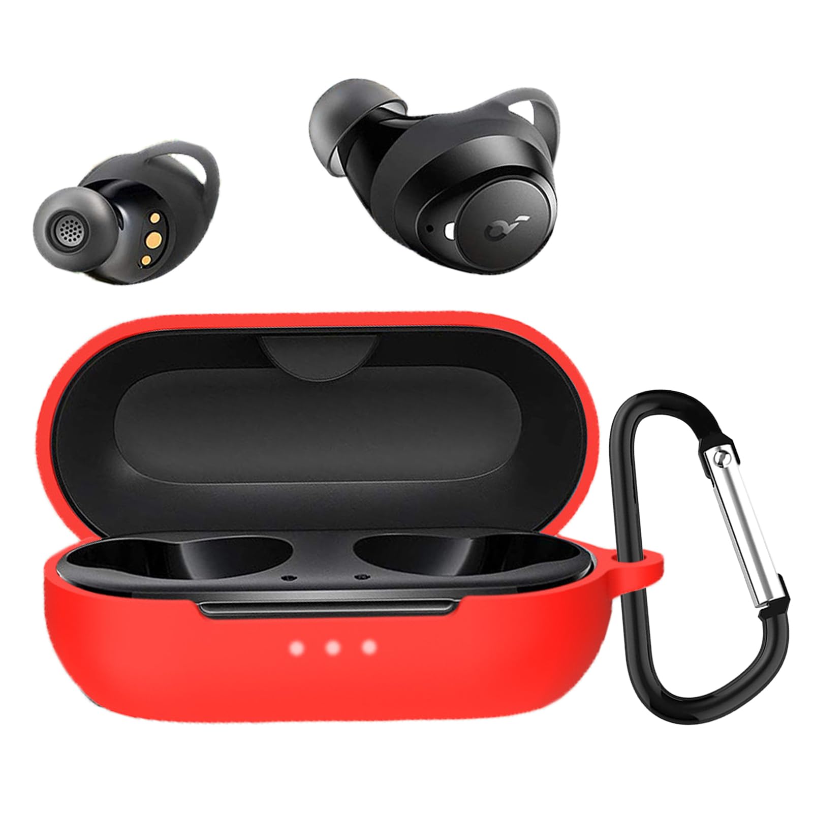 【送料無料】JXRICH For Anker Soundcore Liberty Neo 2 ケース Anker Soundcore Liberty Neo 2シリコン素材 ケース 用 カバー 落下防止 キズ防止 LEDライトが見える 装着充電可能 全面保護 カラビナ付き 色：レッド