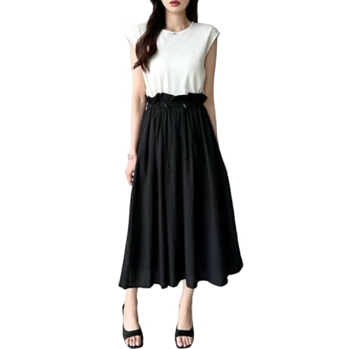 【送料無料】[KEQIKAI] ワンピース レディース マキシワンピース 半袖 ウエストゴム コットン ロングワンピース ゆったり 着痩せ お洒落 無地 魅力 通勤 OL お出かけ 大きいサイズ S-2XL 春夏秋 色：ホワイト& ブラック、サイズ：L