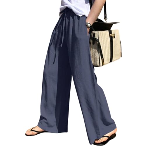 【送料無料】[ZeoYoee] ワイドパンツ レディース ロングパンツ ガウチョパンツ 綿麻 ズボン ウエストゴム ハイウエスト ポケット付き 薄手 通気 無地 ゆったり 大きいサイズ きれいめ 美脚 通勤 カジュアル 日常 春 夏 秋 色：ネイビー、サイズ：XL