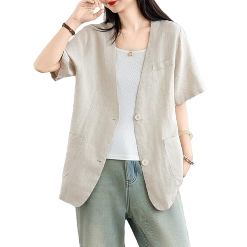 【送料無料】[ZeoYoee] ジャケット レディース テーラードジャケット 半袖 Vネック スーツ アウター トップス ゆったり 体型カバー ポケット付き 無地 薄手 カジュアル 着痩せ オフィス 通勤 春 夏 色：アプリコット、サイズ：XL