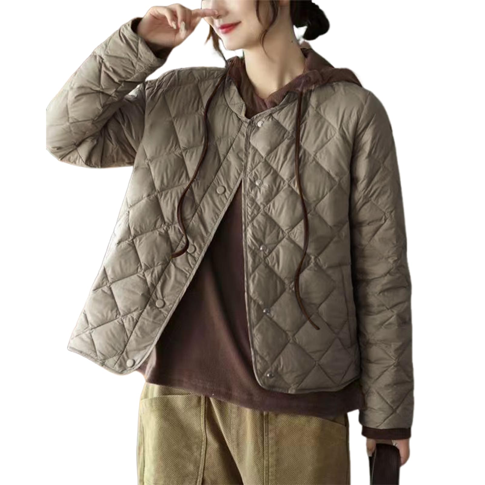 【送料無料】[R10righten] レディース ダウンジャケット トップス ウルトラライト キルティング ノーカラー 長袖 軽量 中綿 薄い 無地 防風 暖かい ポケット付き アウター コート インナーダウン カジュアル 春 秋 冬 色：カーキ、サイズ：M