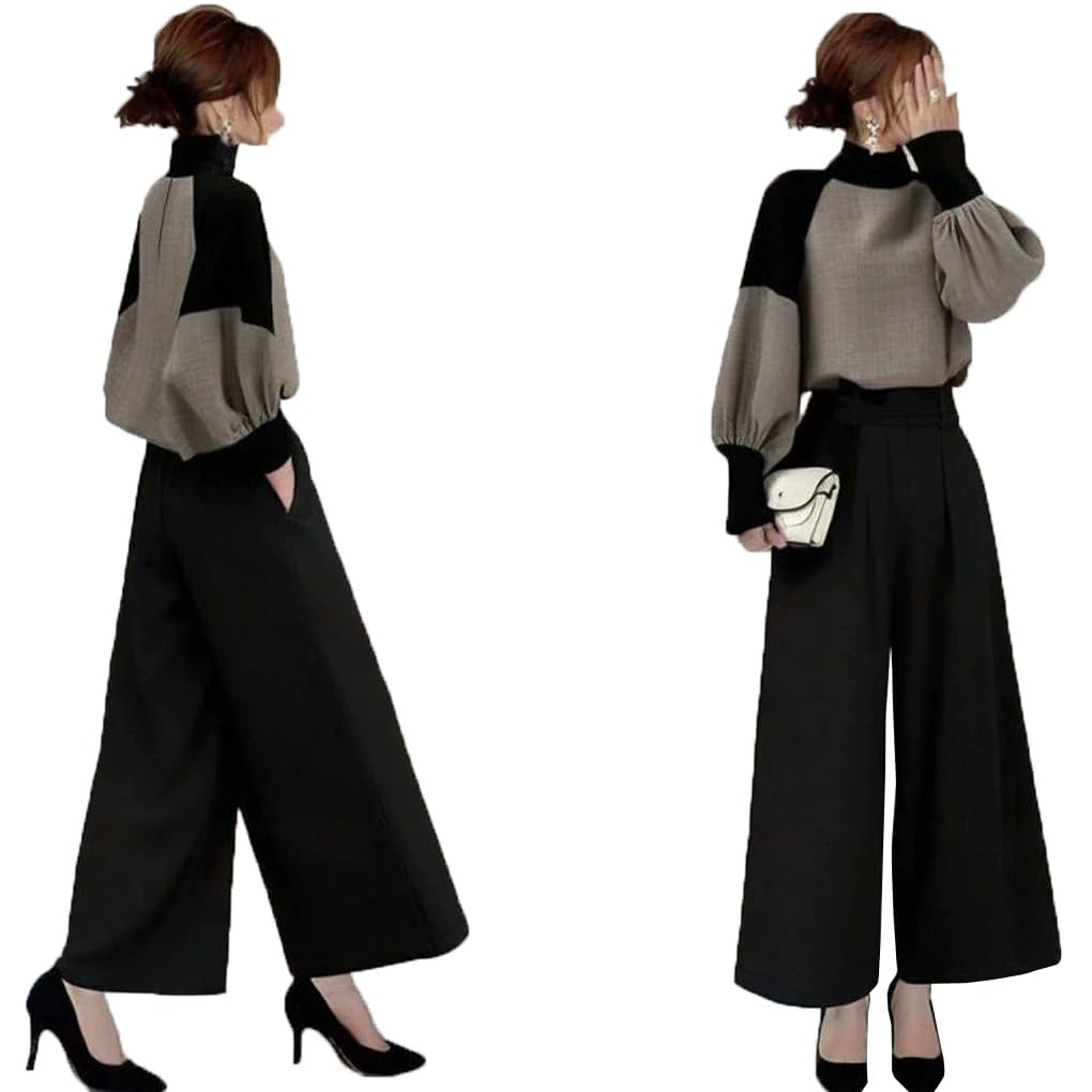 【送料無料】[DYIOPMFGZ] パンツスーツ レディース セットアップ スラックス ワイドパンツ tシャツ ブラウス プルオーバー ワイドズボン ロングズボン ガウチョ ギャザ バルーン袖 着痩せ 切り替え ギャザー オフィス フォーマル 春秋冬 色：ブラック、サイズ：M