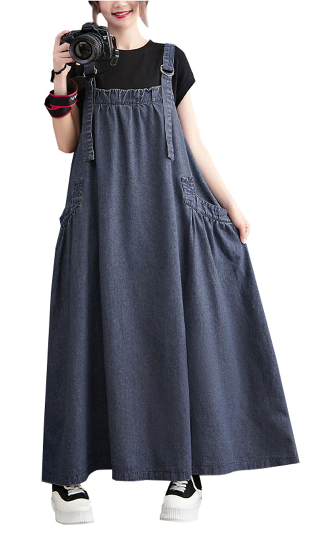 【送料無料】[JIYUTOR] サロペットワンピース デニム ジャンパースカート くるぶし丈 ダボっと 着痩せ ..