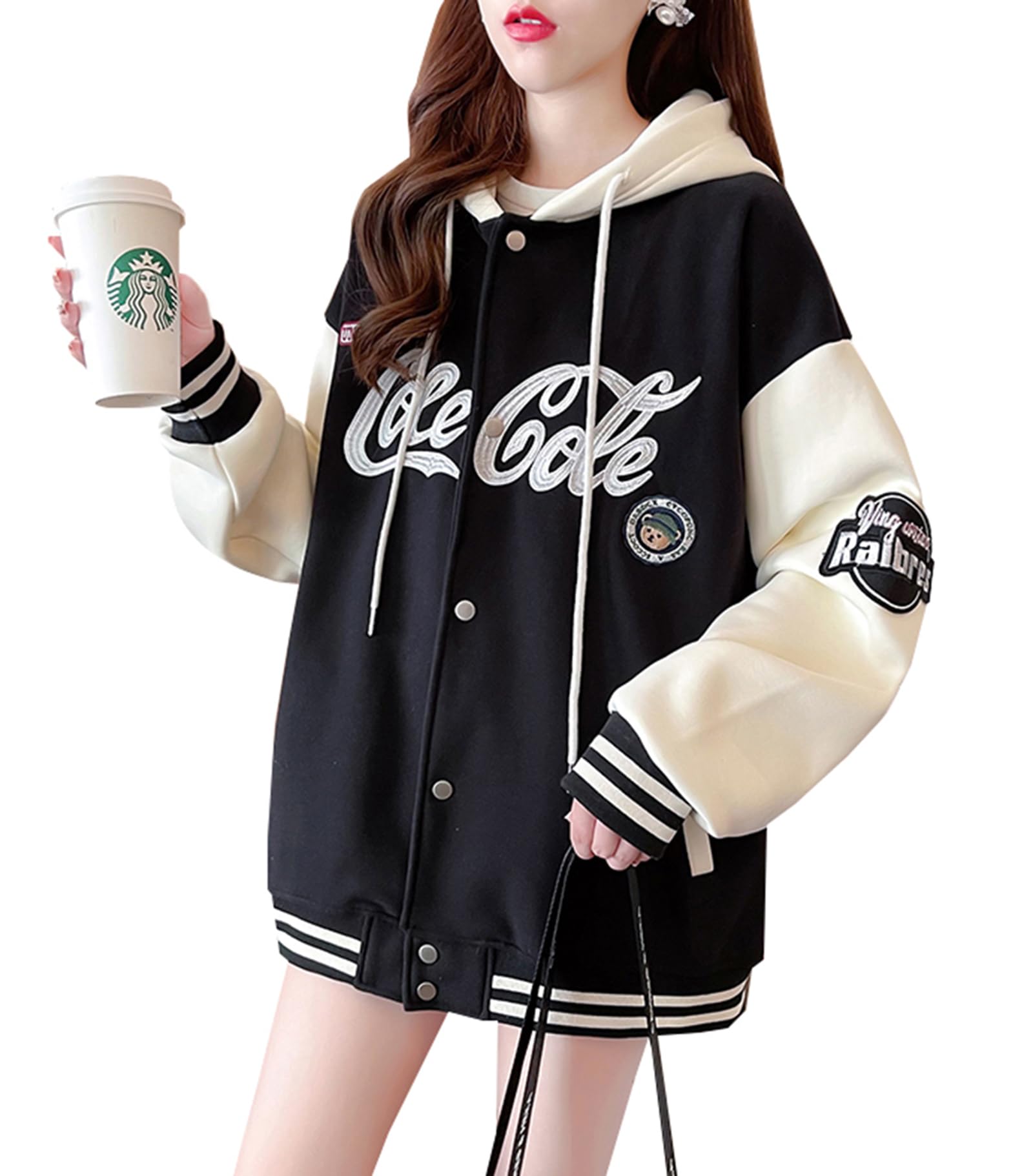 【送料無料】[JIYUTOR] レディースパーカー フード付き 長袖ジャケット 裏起毛 ボタン付き カジュアル 切り替え 野球服 厚手 フードパーカー 秋 冬 かわいい(Free Size裏起毛 黒) 色：裏起毛 黒、サイズ：Free Size