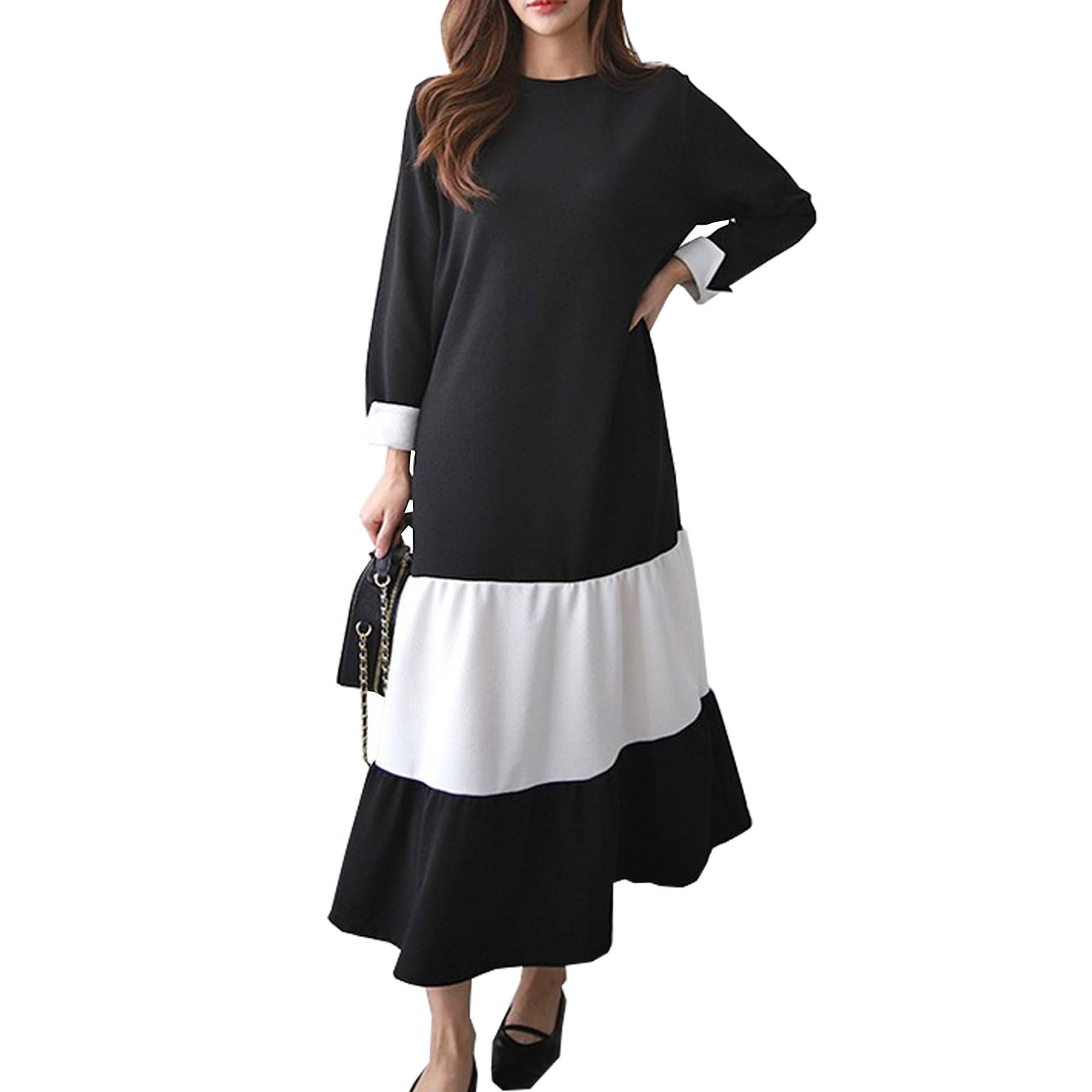 【送料無料】[CoeFodMavo] ワンピース レディース 長袖 ロング 丸首 チュニック シルエット バイカラー..