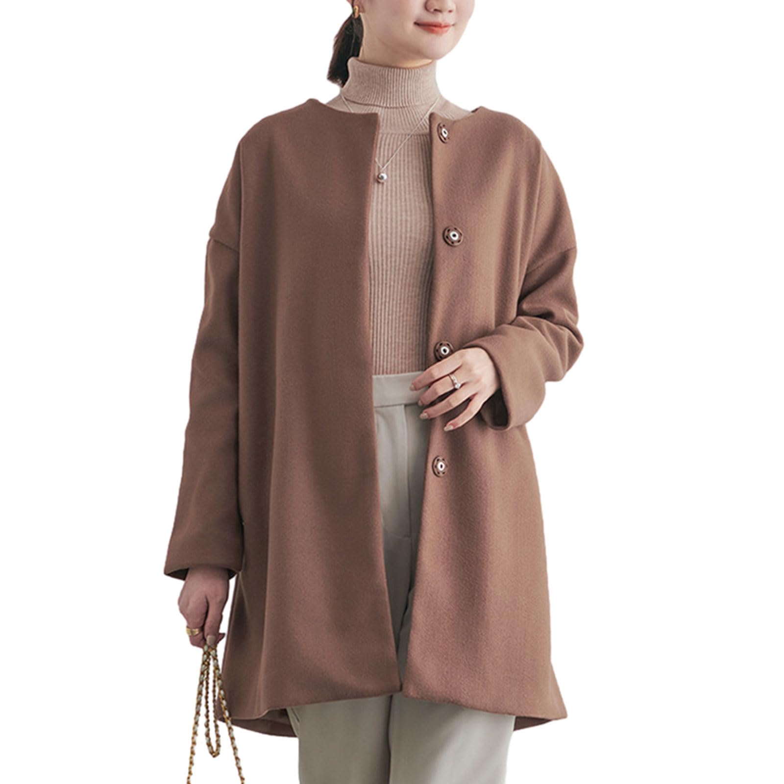【送料無料】[CoeFodMavo] ノーカラー ミドル丈 コート レディース アウター ガウンコート ジャケット ロングコート 長袖 カーディガン ボタン付き トップス ポケット付き ゆったり 大きいサイズ オフィス カジュアル 普段着 通勤 春 秋 冬 色：コーヒー、サイズ：L
