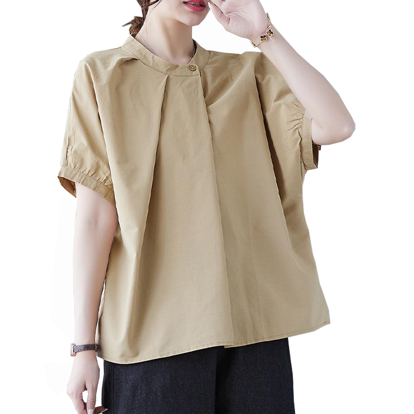 【送料無料】[CoeFodMavo] ブラウス レディース 半袖 シャツ トップス ボタン付き 立ち襟 不規則 プリ..