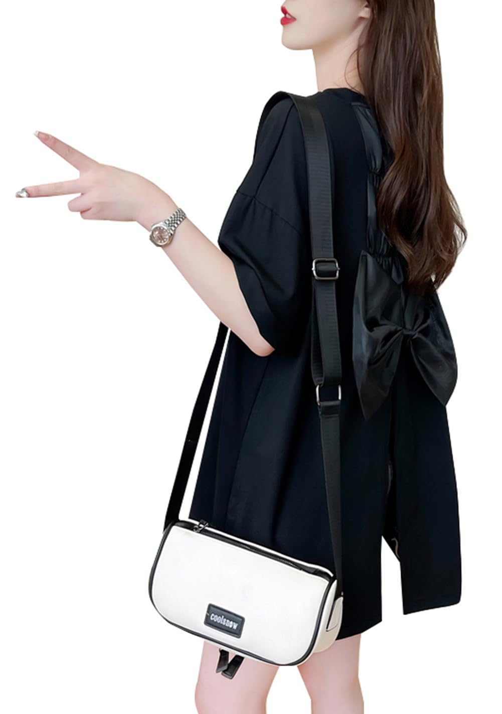 【送料無料】[JIYUTOR] レディース バックリボン 半袖tシャツ オーバーサイズ 英字プリント Tシャツ 半..