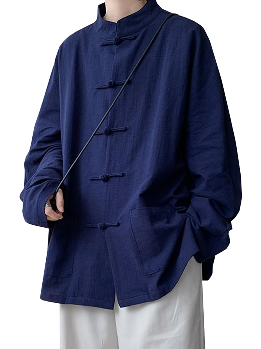 【送料無料】[JIYUTOR] 綿麻シャツ 長袖 メンズ チャイナ風 白シャツ 長袖シャツ 立ち襟 無地 中国風シャツ トップス 上着 中華風 インナー 唐装 漢服 太極拳 武術服 チャイナボタン 練習用 男性 大きいサイズ 色：ネイビー、サイズ：5XL