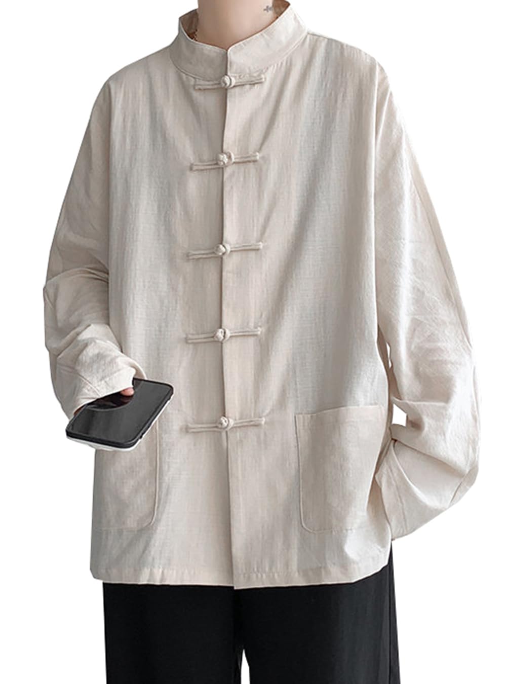 【送料無料】[JIYUTOR] 綿麻シャツ 長袖 メンズ チャイナ風 白シャツ 長袖シャツ 立ち襟 無地 中国風シャツ トップス 上着 中華風 インナー 唐装 漢服 太極拳 武術服 チャイナボタン 練習用 男性 大きいサイズ 色：アプリコット、サイズ：3XL