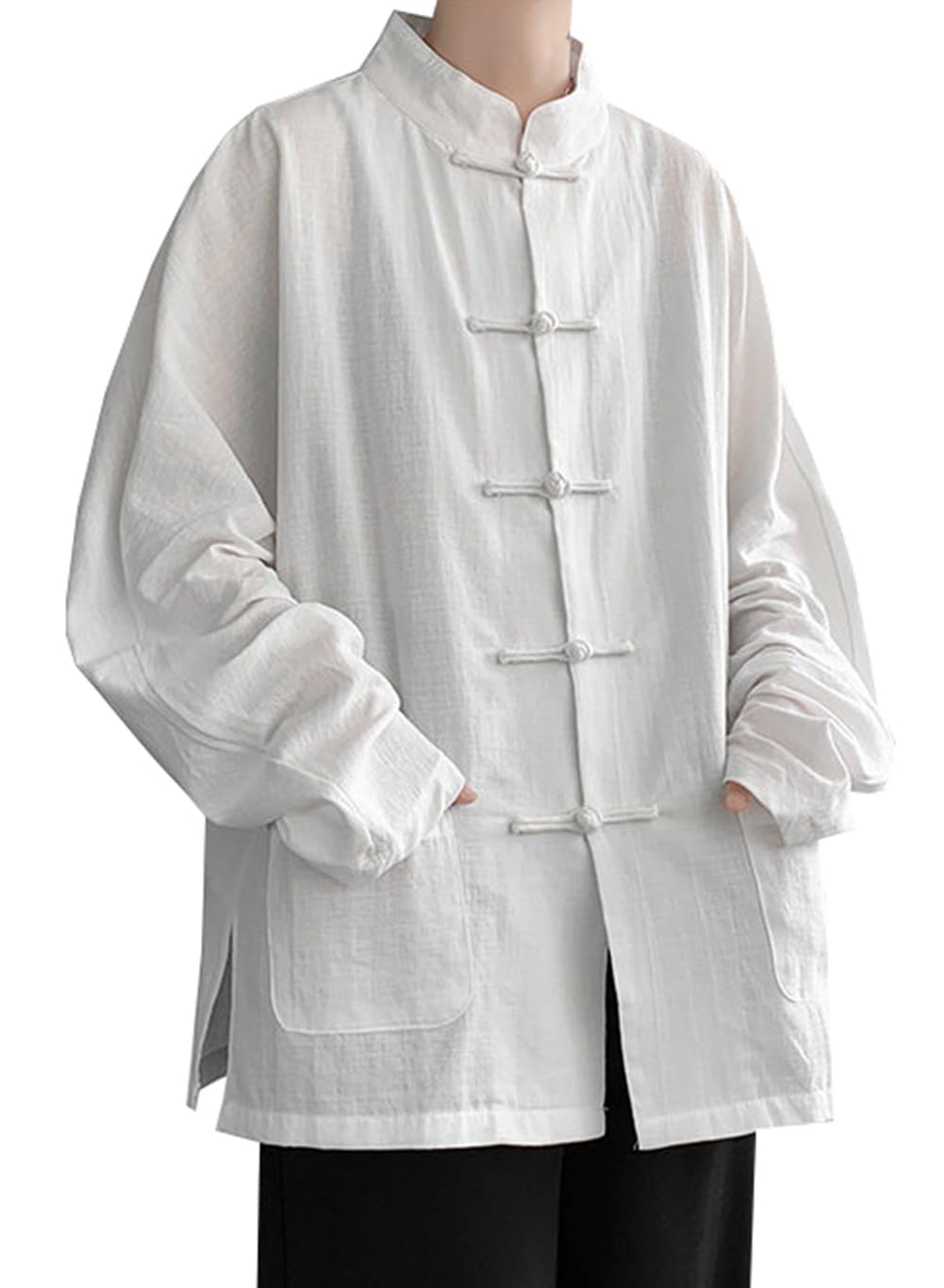 【送料無料】[JIYUTOR] 綿麻シャツ 長袖 メンズ チャイナ風 白シャツ 長袖シャツ 立ち襟 無地 中国風シャツ トップス 上着 中華風 インナー 唐装 漢服 太極拳 武術服 チャイナボタン 練習用 男性 大きいサイズ 色：ホワイト、サイズ：4XL