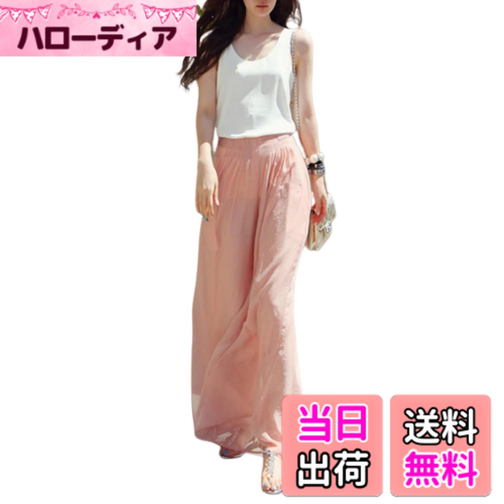 【送料無料】[Merelop Ceto] ワイドパンツ レディース シフォン ガウチョパンツ ハイウエスト ロング ズボン マキシ丈 ボトムス プリーツ ゆったり 体型カバー カジュアル 着痩せ 通勤 春 夏 色：ピンク、サイズ：M