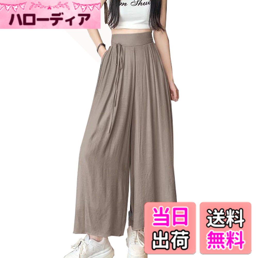 【送料無料】[CoeFodMavo] ワイドパンツ レディース ズボン ガウチョパンツ ハイウエストパンツ ハイウエスト 裏地あり ウエストゴム 涼しけ 無地 美脚 ポケット付き 通勤 旅行 オフィス ゆったり おしゃれ きれいめ 薄手 春 夏 色：キャメル、サイズ：M