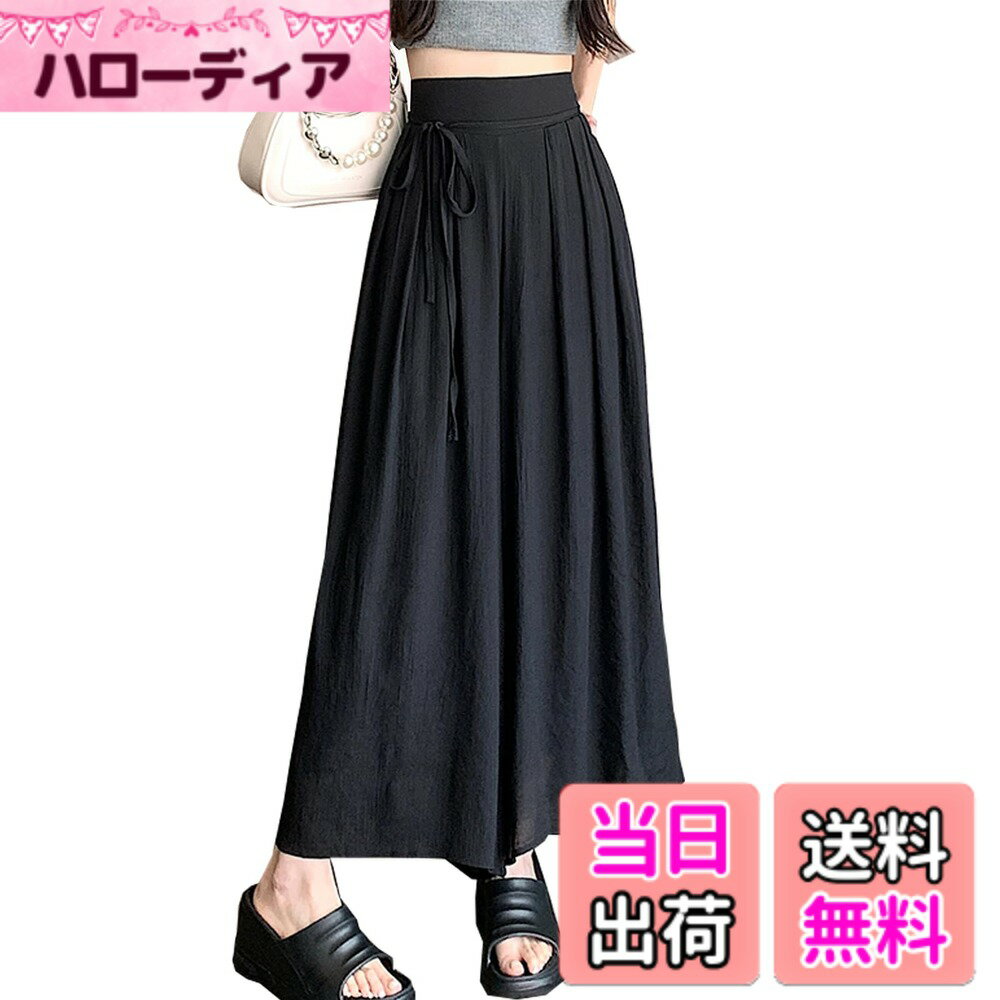 【送料無料】[CoeFodMavo] ワイドパンツ レディース ズボン ガウチョパンツ ハイウエストパンツ ハイウエスト 裏地あり ウエストゴム 涼しけ 無地 美脚 ポケット付き 通勤 旅行 オフィス ゆったり おしゃれ きれいめ 薄手 春 夏 色：ブラック、サイズ：XL