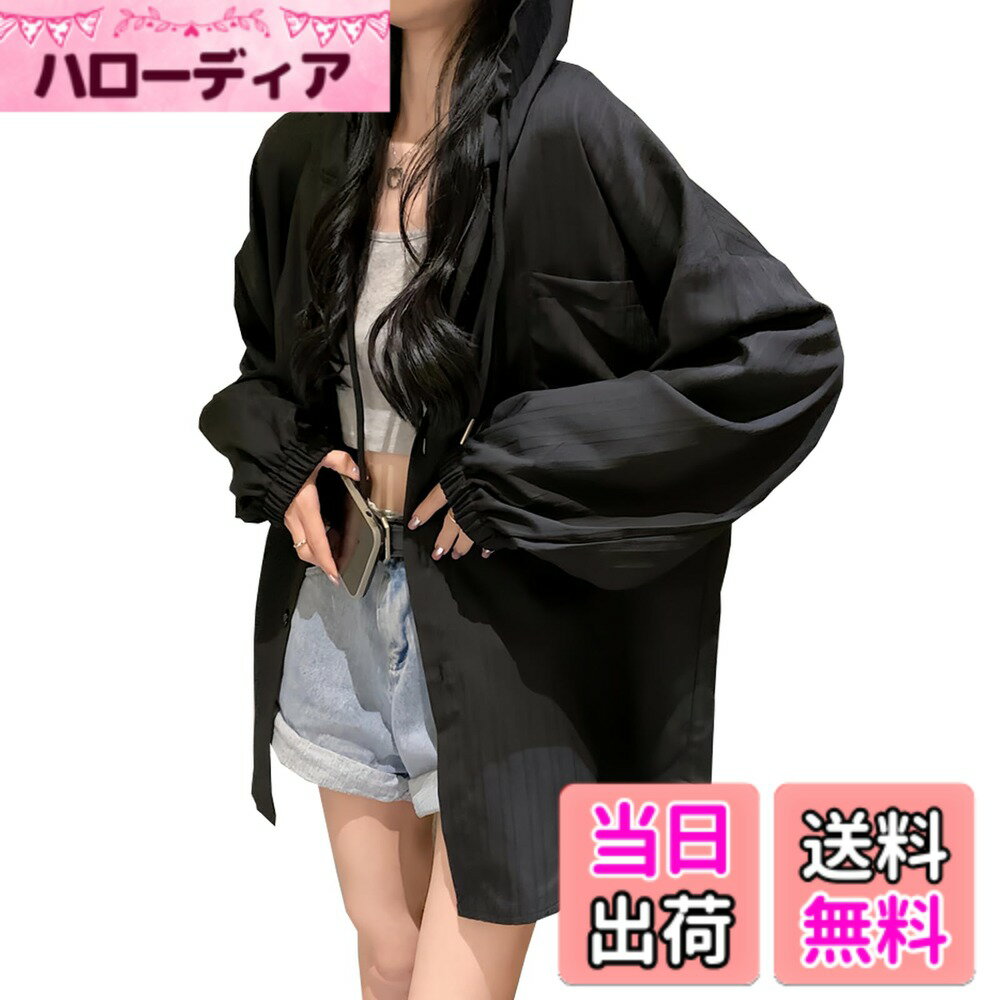Cardigans, Boleros - 【送料無料】[CoeFodMavo] カーディガン レディース uvカット パーカー フード付き 日焼け止め服 長袖 紫外線対策 ドレープ ポケット 前開き ボタン付き 薄手 透け感 大きいサイズ 涼しさ ゆったり 通勤 旅行 春 夏 色：ブラック、サイズ：XL