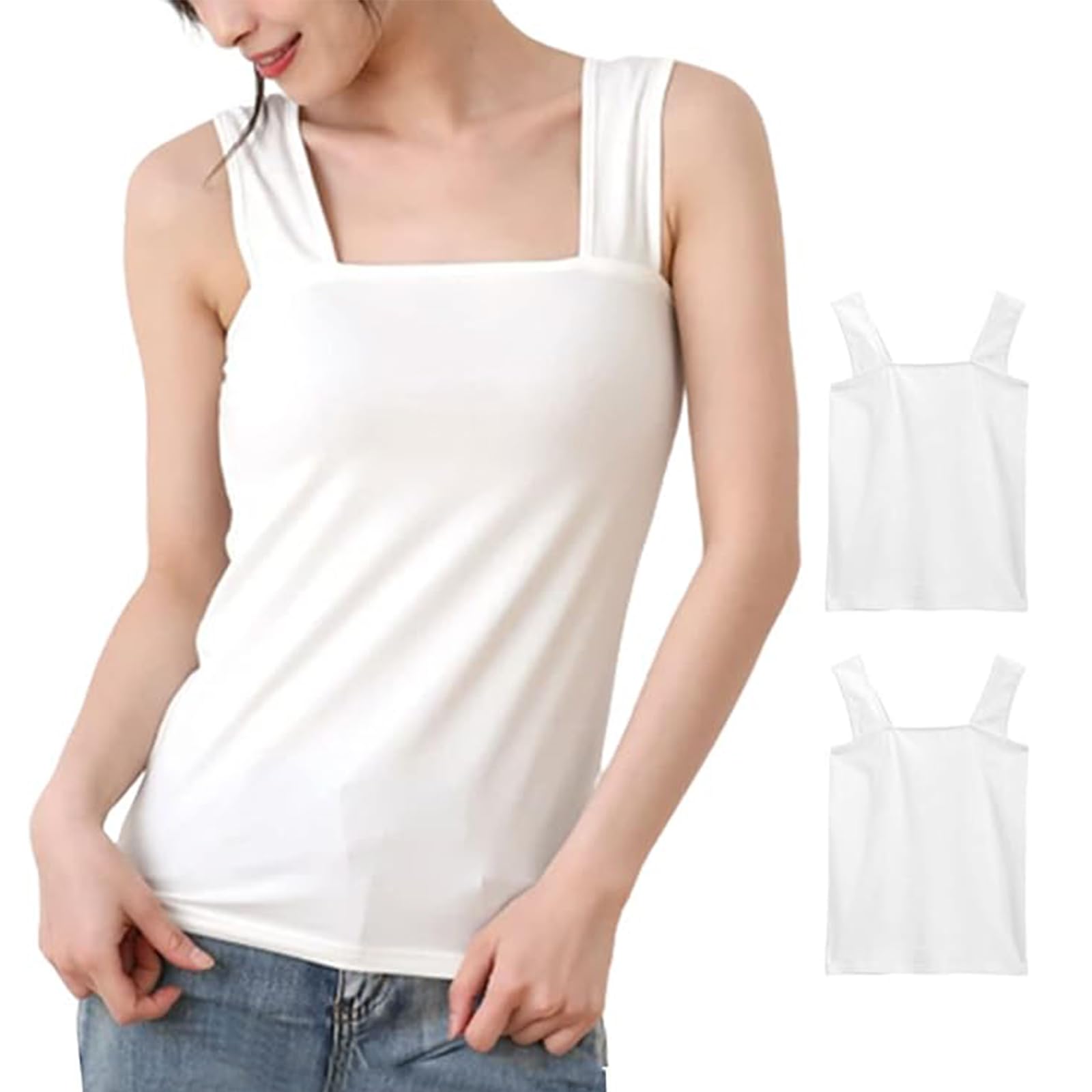 【送料無料】[Merelop Ceto] タンクトップ レディース タンク 胸元隠し インナー 2枚セット 無地 キャミソール ブラ紐隠しインナー 重ね着 通気 ベスト インナーウエア ベアトップ風 シンプル ブラック ホワイト 色：白・白セット、サイズ：M