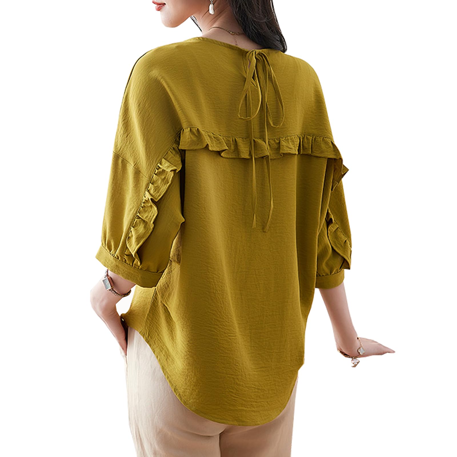 【送料無料】[CoeFodMavo] ブラウス レディース 半袖 シャツ トップス 丸首 tシャツ 無地 薄手 フリル ..