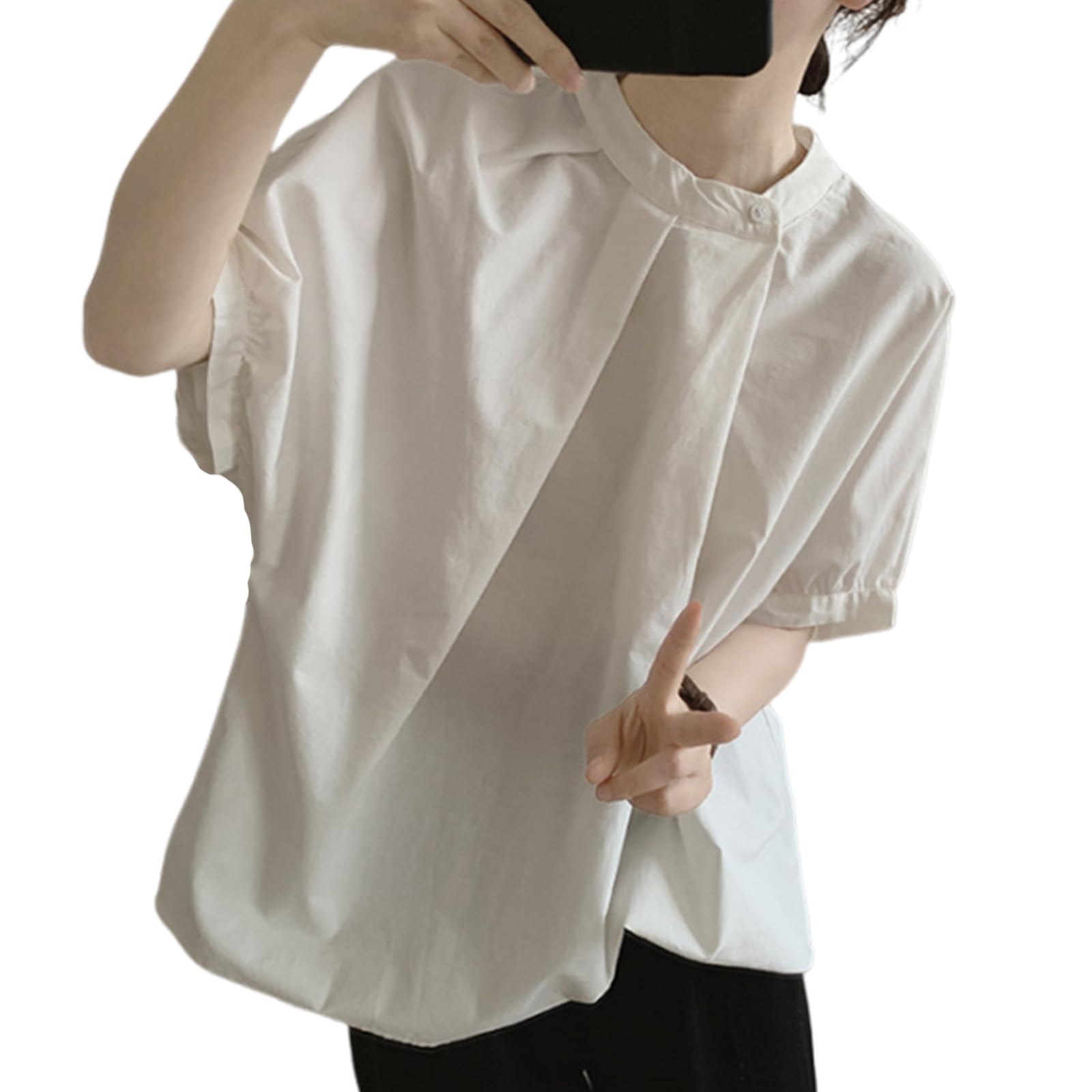 【送料無料】[Merelop Ceto] tシャツ レディース 半袖 ティーシャツ 立ち襟 トップス 無地 ボタン付き ブラウス シャツ 不規則 薄手 ゆったり 体型カバー 韓国 カジュアル 通勤 日常 春 夏 秋 色：ホワイト、サイズ：M