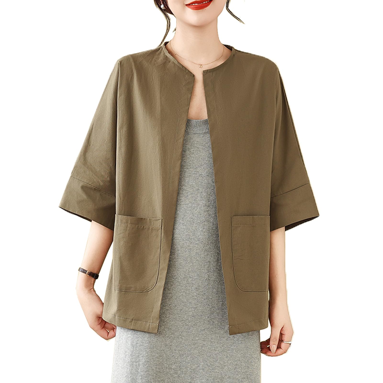 【送料無料】[CoeFodMavo] カーディガン レディース UVカット 七分袖 コットンリネン 日焼け止め服 カットソー トップス ポケット付き 紫外線対策 冷房対策 日除け 通気性 薄手 体型カバー 大きいサイズ 無地 アウトドア 通勤 旅行 春 夏 秋 色：みどり、サイズ：L