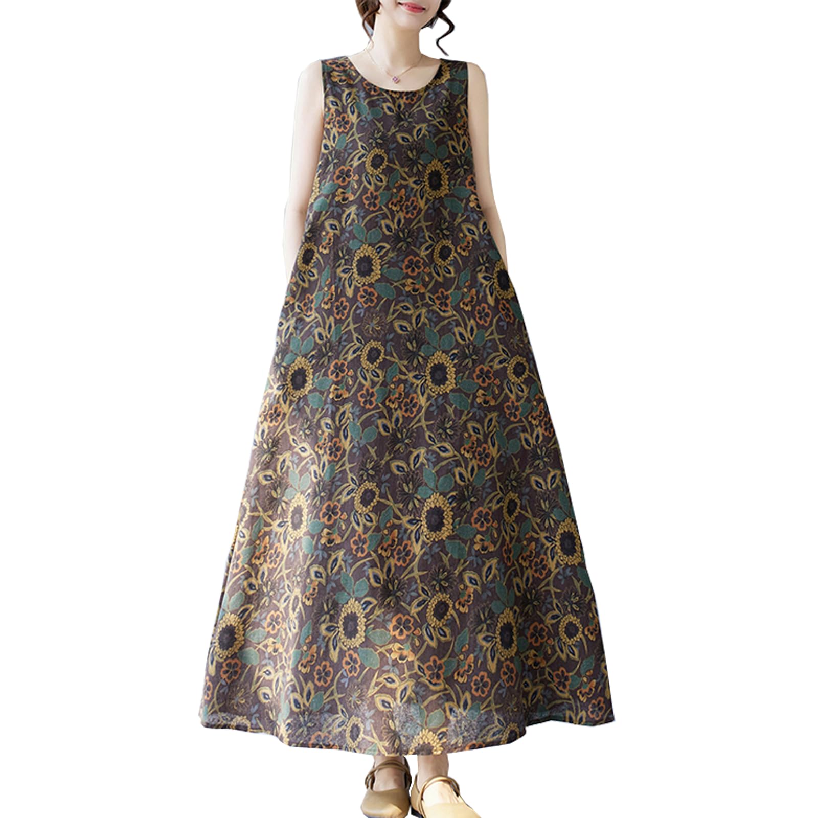 【送料無料】[CoeFodMavo] ワンピース レディース ノースリーブ ロングワンピース 丸首 花柄 綿麻 体型..