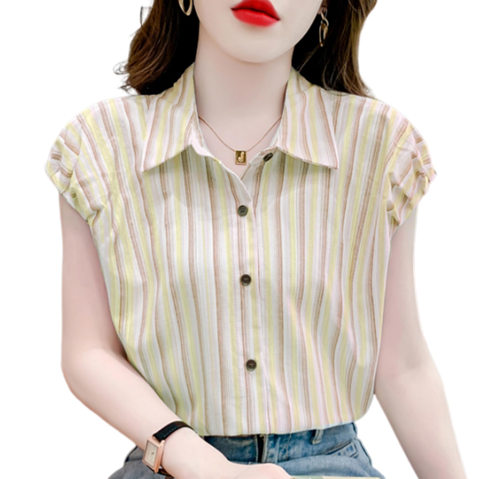 【送料無料】[Merelop Ceto] ブラウス レディース 半袖 シャツ ストライプ トップス 襟付き 前開き フレンチスリーブ フリル 薄手 おしゃれ ゆったり 着痩せ オフィス 通勤 春 夏 秋 色：イエロー、サイズ：XL
