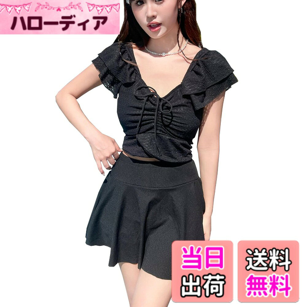 【送料無料】[CoeFodMavo] 水着 レディース 2点セット タンキニ フリル スリーブ ハイウエスト ショートパンツ アフレスカート 上下セット 大人 上品 可愛い 韓国 おしゃれ 海 温泉 旅行 着痩せ 体型カバー 春 夏 秋 冬 色：ブラック、サイズ：L