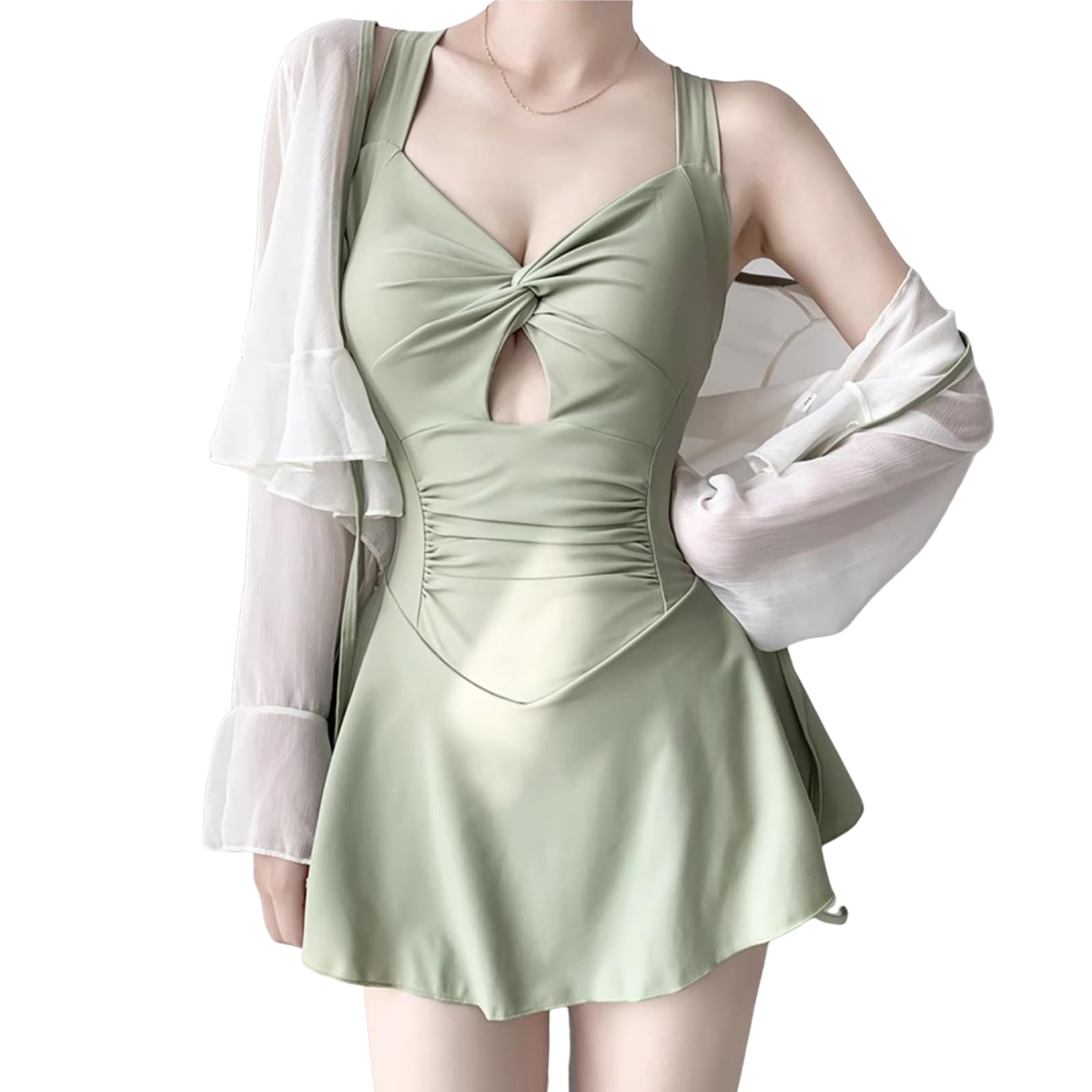 【送料無料】[Merelop Ceto] 水着 レディース ワンピース 体型カバー 長袖 ラッシュガード オールインワン セクシー ハイウエスト スイムウェア おしゃれ 可愛い 韓国 2点セット パット付き 水陸両用 夏 色：グリーン、サイズ：XL