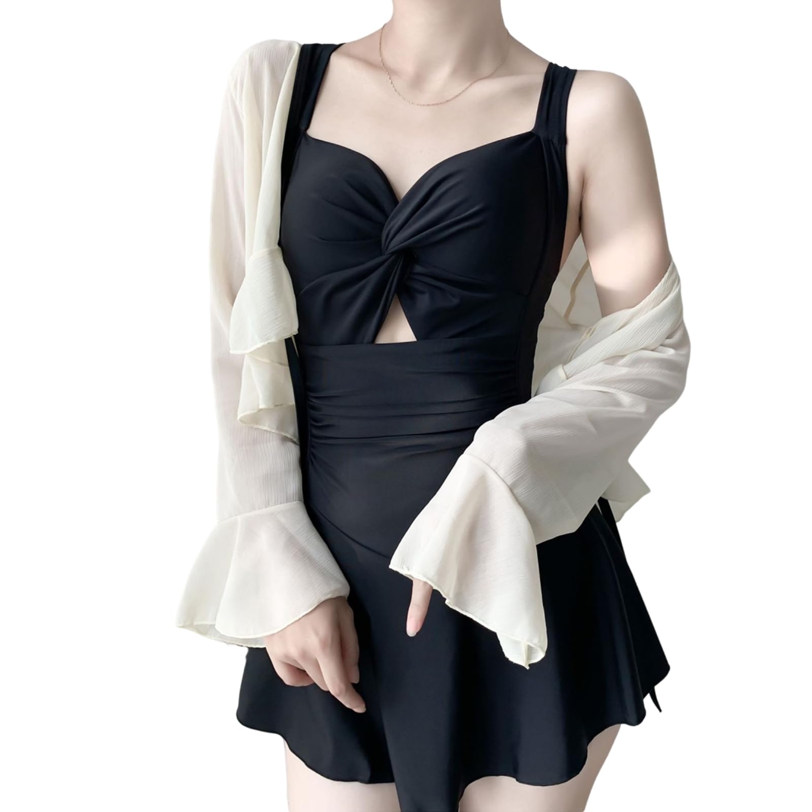 【送料無料】[Merelop Ceto] 水着 レディース ワンピース 体型カバー 長袖 ラッシュガード オールインワン セクシー ハイウエスト スイムウェア おしゃれ 可愛い 韓国 2点セット パット付き 水陸両用 夏 色：ブラック、サイズ：M
