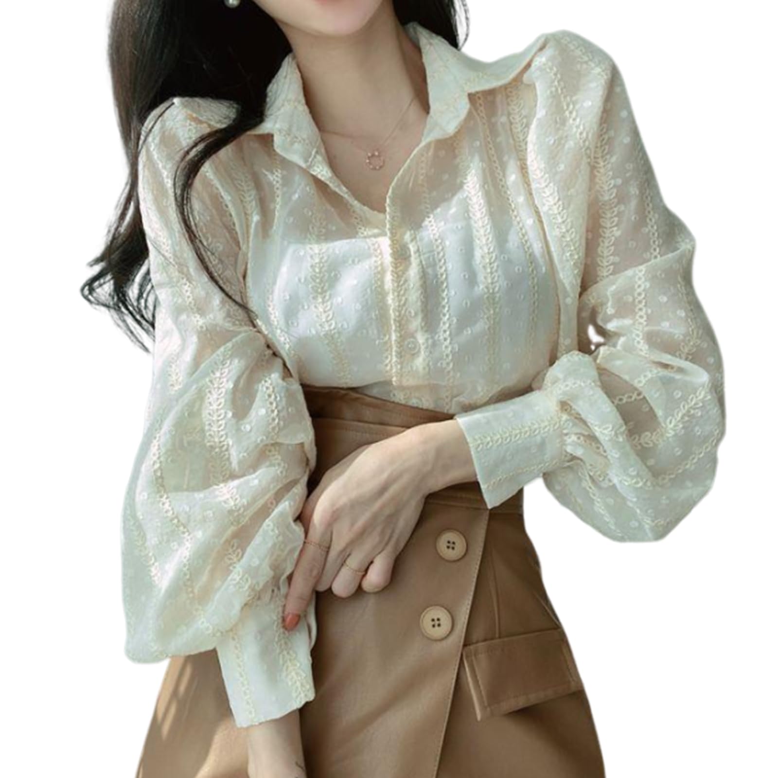 【送料無料】[Merelop Ceto] ブラウス レディース 長袖 シャツ シースルー シアー 刺繍 花柄 トップス カットソー おしゃれ 薄手 透け 重ね着 レイヤード 羽織 前開きシャツ 韓国 ファッション 普段着 オフィス 春 夏 秋 色：アプリコット、サイズ：XL