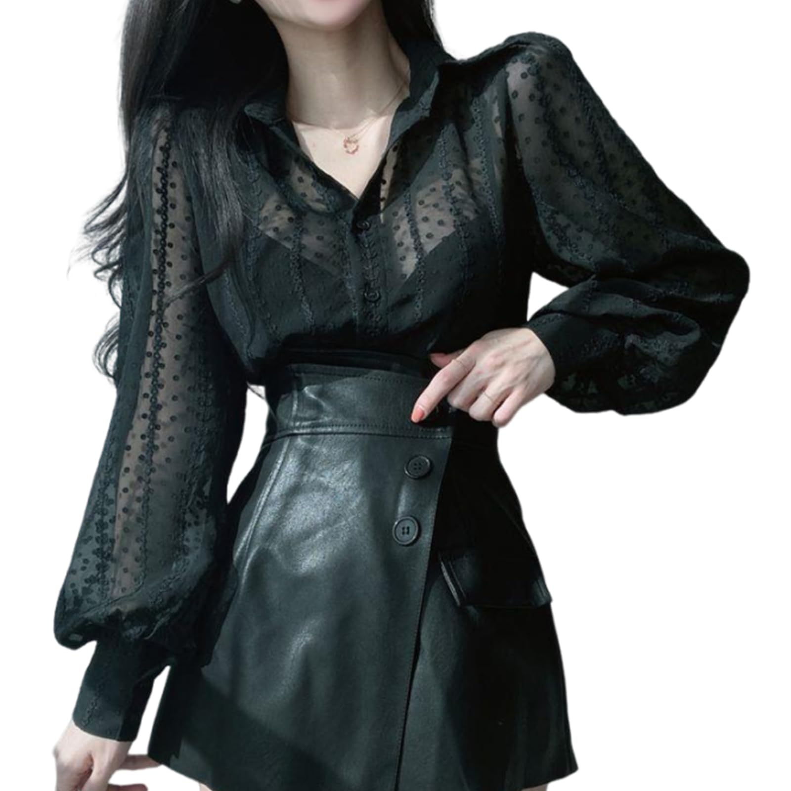 【送料無料】[Merelop Ceto] ブラウス レディース 長袖 シャツ シースルー シアー 刺繍 花柄 トップス カットソー おしゃれ 薄手 透け 重ね着 レイヤード 羽織 前開きシャツ 韓国 ファッション 普段着 オフィス 春 夏 秋 色：ブラック、サイズ：L