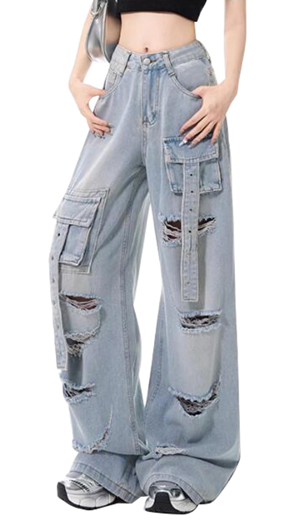 【送料無料】[JIYUTOR] デニム ベイカーパンツ レディース ジーンズ ゆったり 春 秋 ダメージ クラッシュデニム かわいい 大きいサイズ 着痩せ 体型カバー 美脚 デニムパンツ ジーパン ダボっと 色：ブルー、サイズ：S