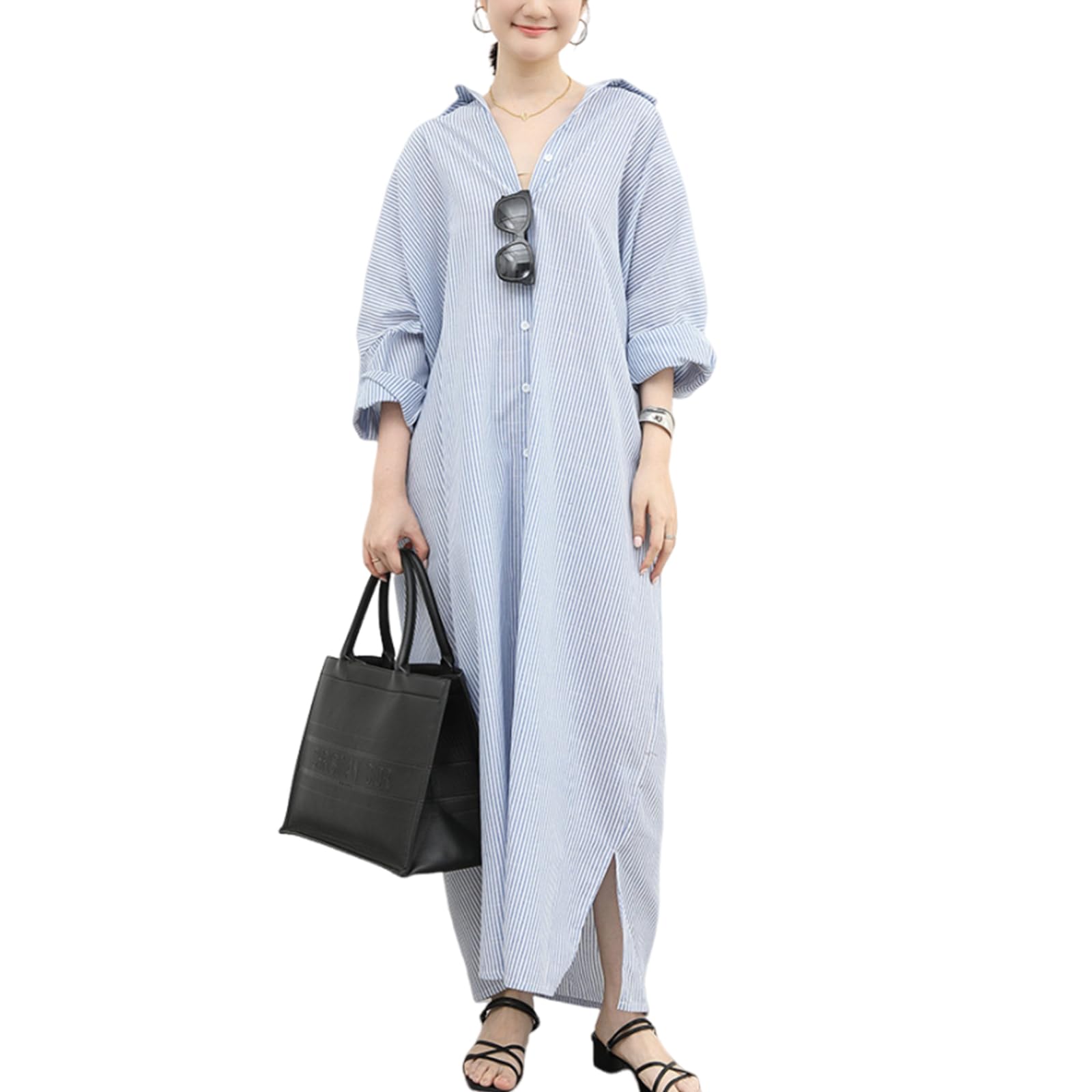 【送料無料】[Merelop Ceto] ワンピース レディース 長袖 シャツワンピース ストライプ ロングワンピース スリット マキシワンピース ゆったり 大きいサイズ 体型カバー きれいめ カジュアル 上品 通勤 オフィス 春 夏 秋 冬 色：ブルー、サイズ：Free Size