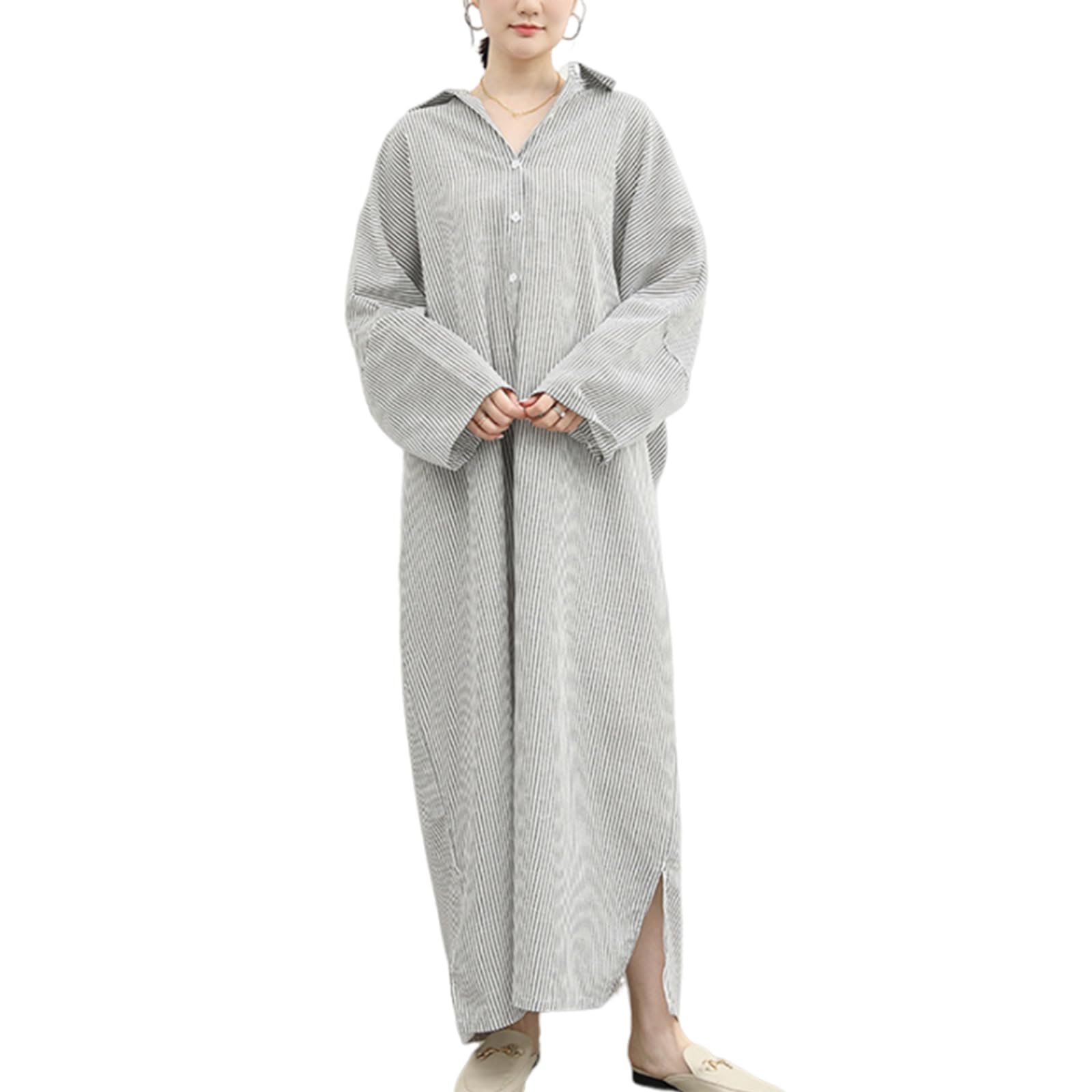 【送料無料】[Merelop Ceto] ワンピース レディース 長袖 シャツワンピース ストライプ ロングワンピース スリット マキシワンピース ゆったり 大きいサイズ 体型カバー きれいめ カジュアル 上品 通勤 オフィス 春 夏 秋 冬 色：グレー、サイズ：Free Size