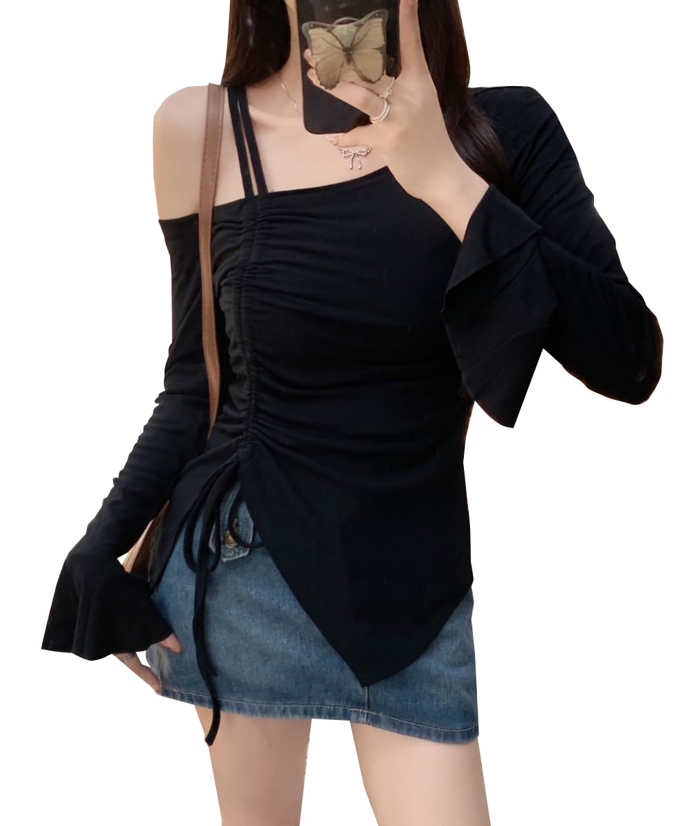 【送料無料】[JIYUTOR] 肩出し 長袖Tシャツ レディース カットソー 無地 プルオーバー ストレッチ セクシー ギャザー スリム スリット入り アシンメトリー 韓国風 細身Tシャツ ギャル ダンス衣装 色：ブラック、サイズ：M