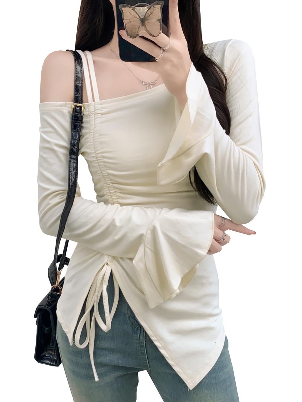 【送料無料】[JIYUTOR] 肩出し 長袖Tシャツ レディース カットソー 無地 プルオーバー ストレッチ セクシー ギャザー スリム スリット入り アシンメトリー 韓国風 細身Tシャツ ギャル ダンス衣装 色：アプリコット、サイズ：M