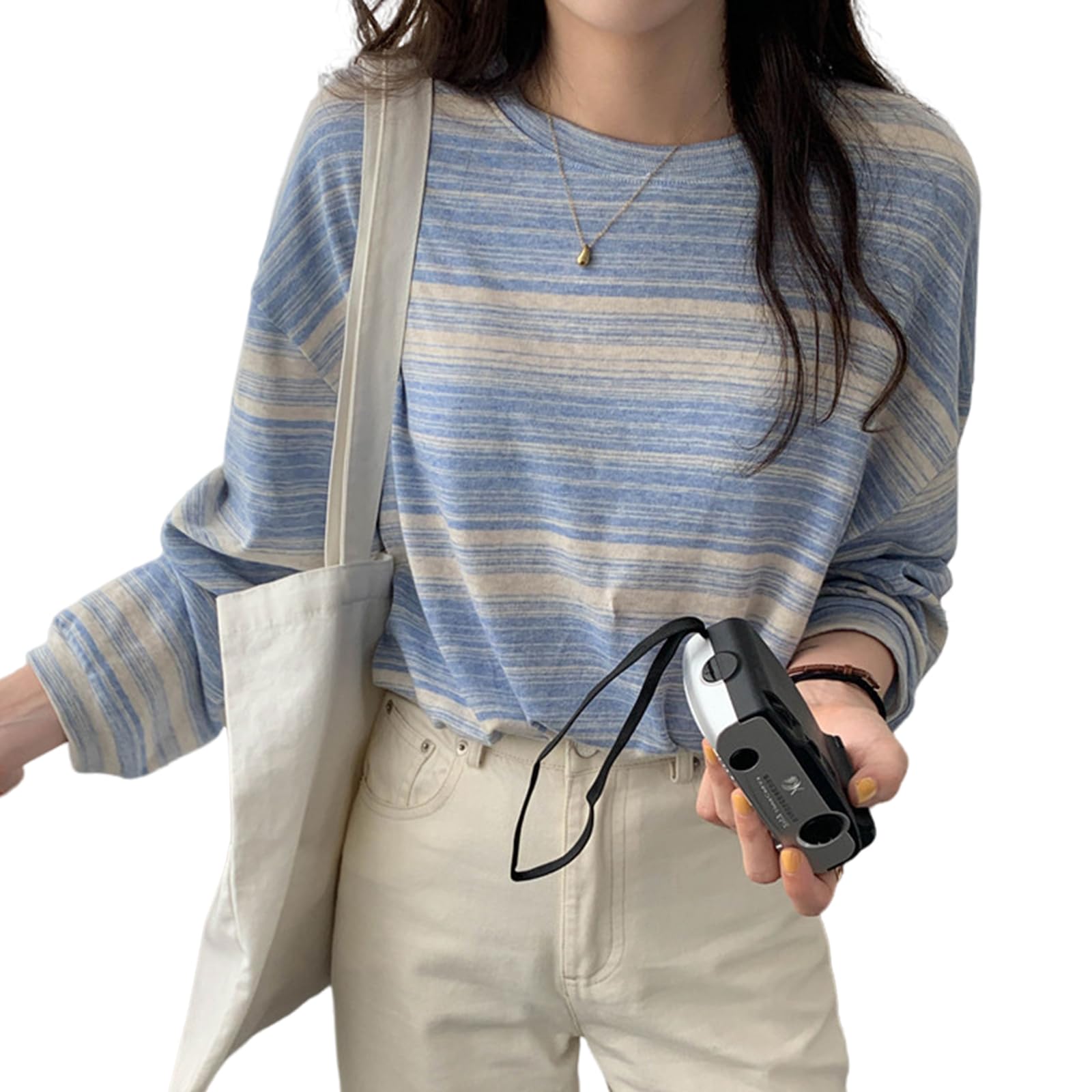 【送料無料】[Merelop Ceto] tシャツ レディース 長袖 ティーシャツ ボーダー トップス カットソー ゆったり 体型カバー プルオーバー シンプル おしゃれ クルーネック 可愛い 着せ 春 秋 冬 色：ブルー、サイズ：M