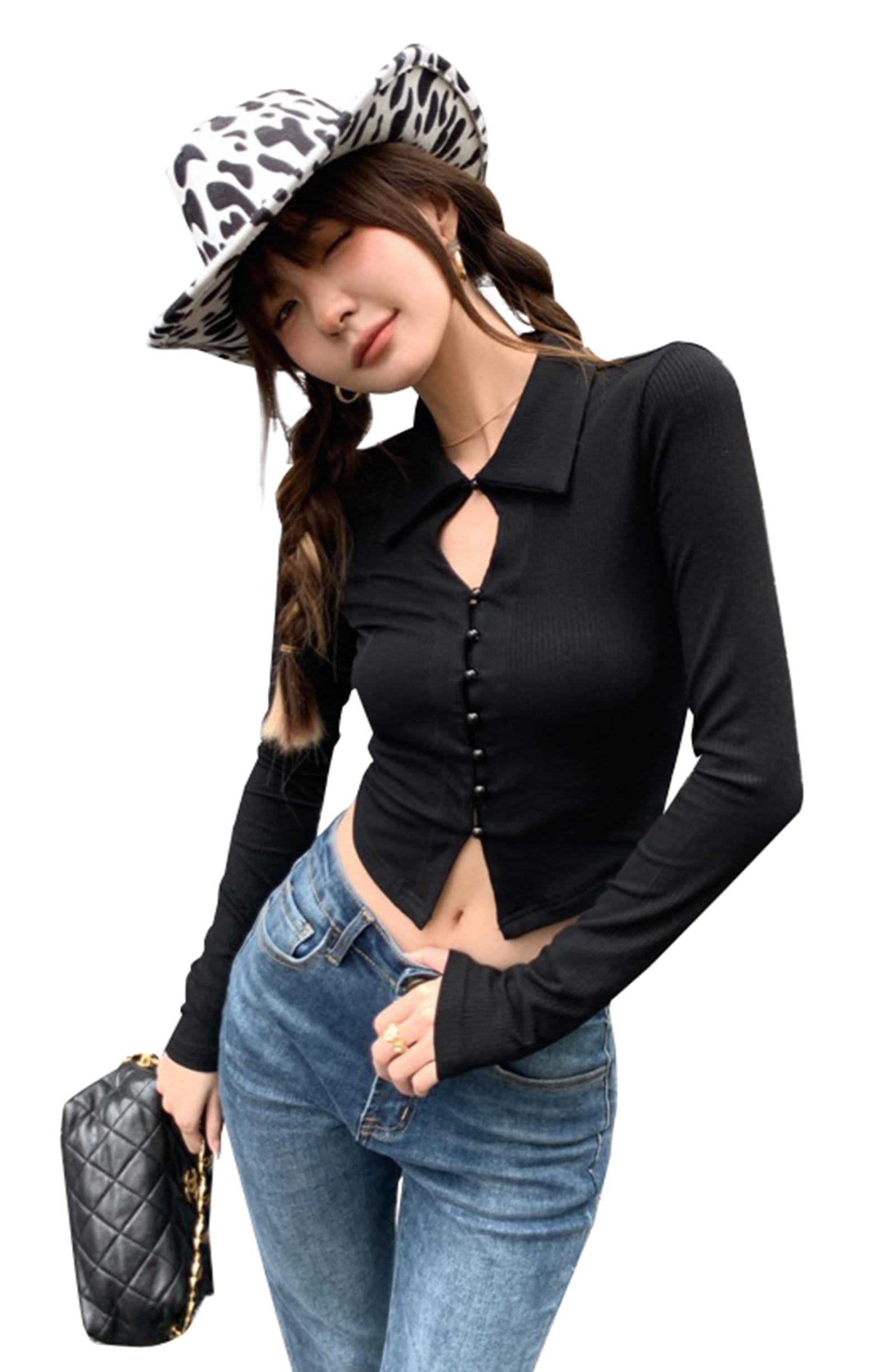 【送料無料】[JIYUTOR] へそ出し Tシャツ レディース y2kシャツ 長袖 トップス ショート丈 秋服 セクシー パールボタン スリム ギャル 黒Tシャツ カットソー クロップド丈 細身 タイトシャツ 色：ブラック、サイズ：S