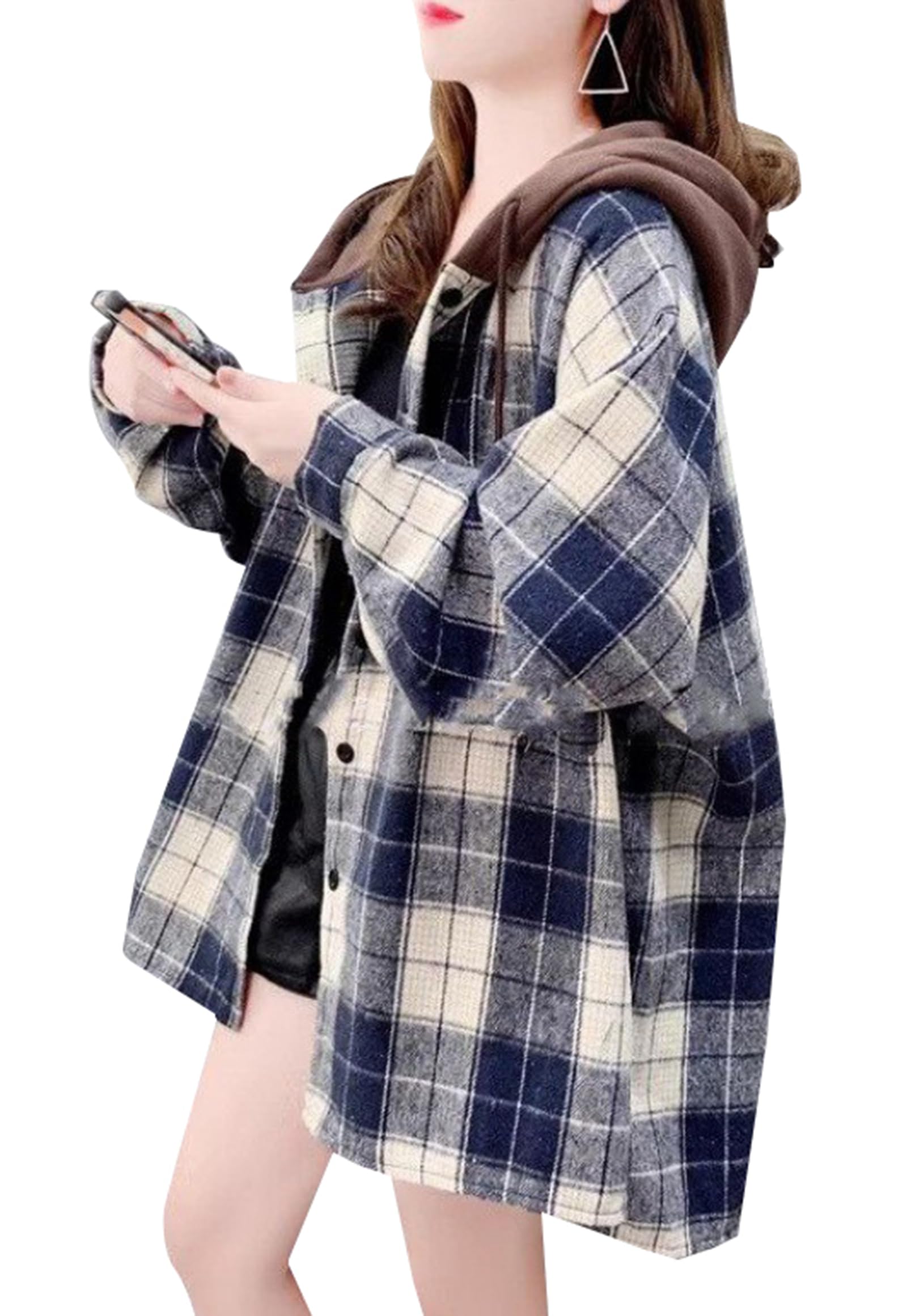 【送料無料】[JIYUTOR] チェック柄シャツ フート付き ロングシャツ シャツジャケット レディース パー..