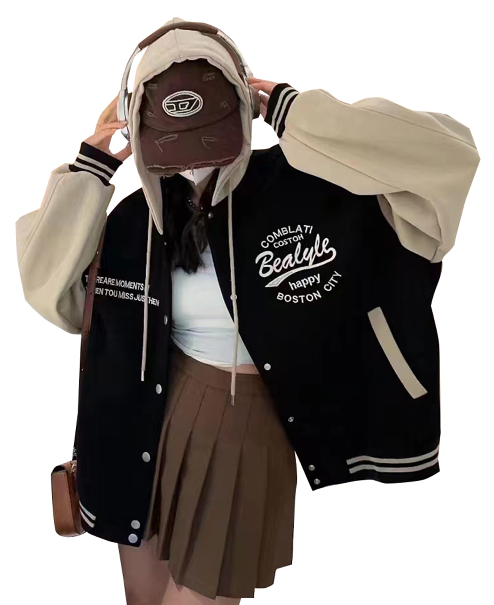 【送料無料】[JIYUTOR] フード付き パーカー スウェット 英字柄 刺繍 裏起毛あり/なし レディース フーディパーカー フードパーカー ゆったり 大きいサイズ ルーズ風 アウター トラックジャケット 韓国 色：裏起毛黒、サイズ：Free Size