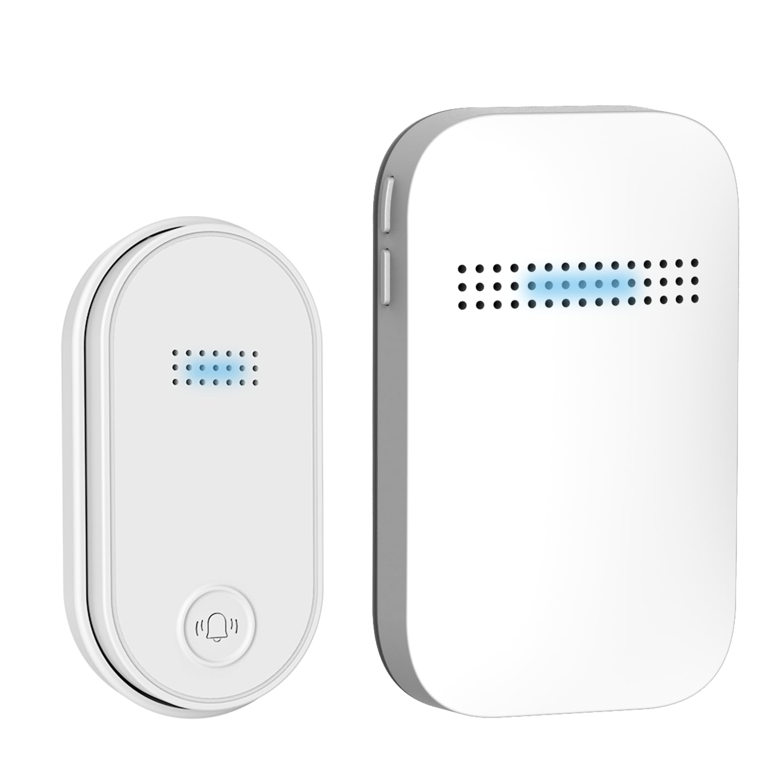 【送料無料】ワイヤレスチャイム 自動発電 玄関チャイム 電池不要 防水防塵 工事不要 38曲 4段階音量調節 音と光でお知らせ メモリー機能 ドアベル 無線 介護/玄関/来客対応 150M範囲 屋外 二階も聞こえる 色：ホワイト、サイズ：1送信機+1受信機