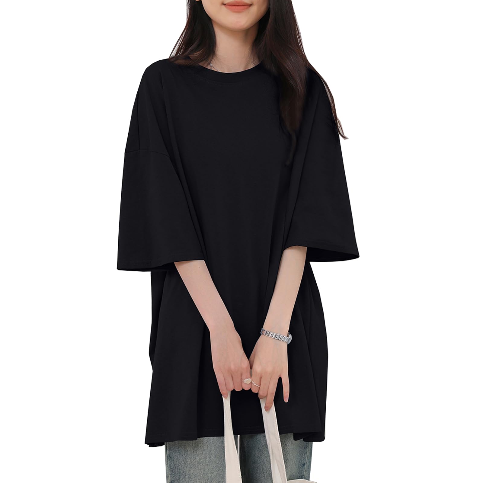 【送料無料】[CoeFodMavo] tシャツ レディース 半袖 トップス ロングtシャツ 無地 サイドスリット ワンピース 丸襟 綿100% 大きいサイズ ゆったり シンプル 可愛い 日常 オフィス 部屋着 春 夏 色：ブラック、サイズ：Free Size