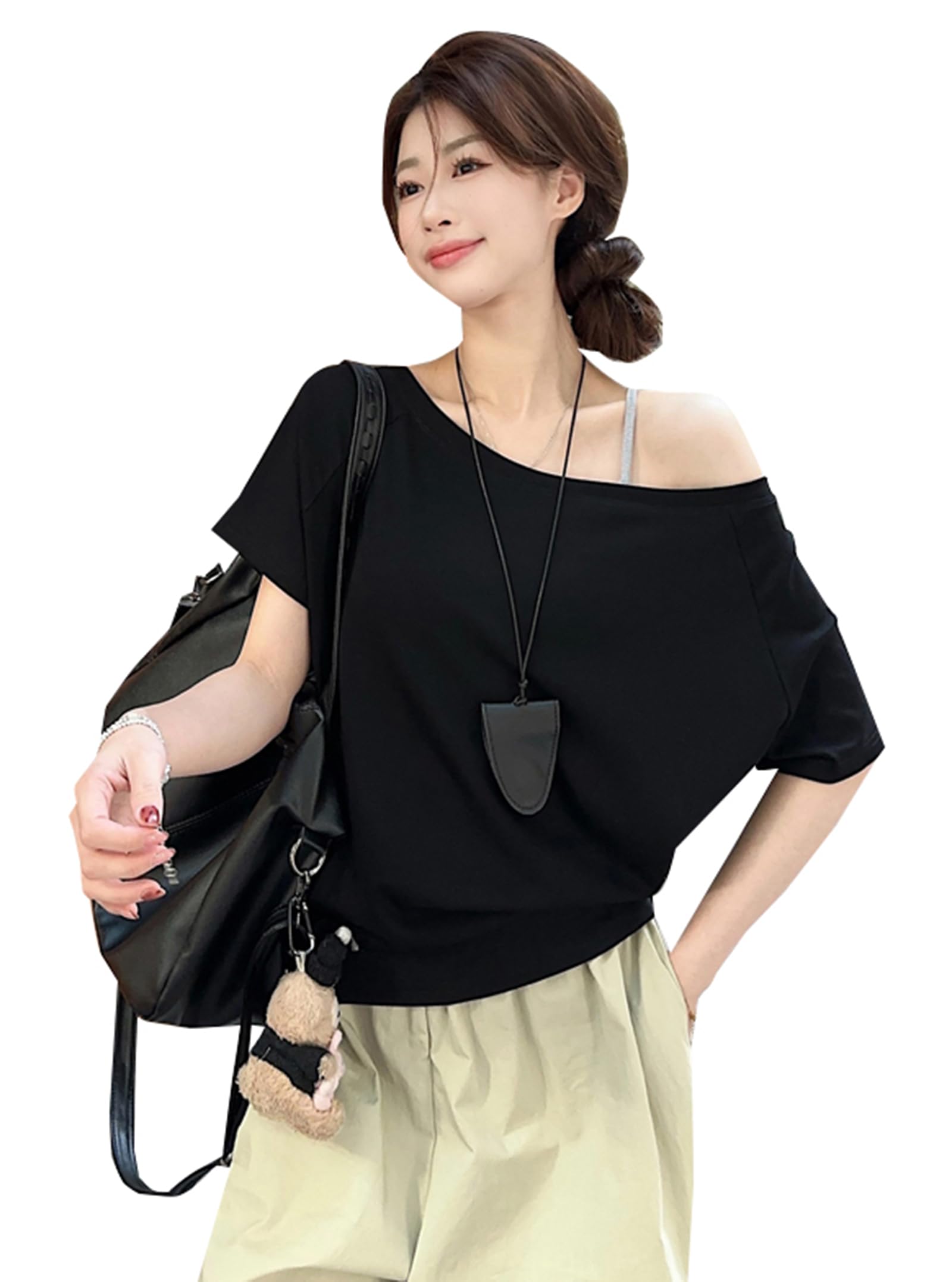 【送料無料】[JIYUTOR] オフショルダー 半袖 tシャツ レディース カットソー ゆったり プルオーバー 肩出し Tシャツ トップス おしゃれ ワンショルダー 大きいサイズ ティーシャツ 韓国風 夏服 色：ブラック、サイズ：L