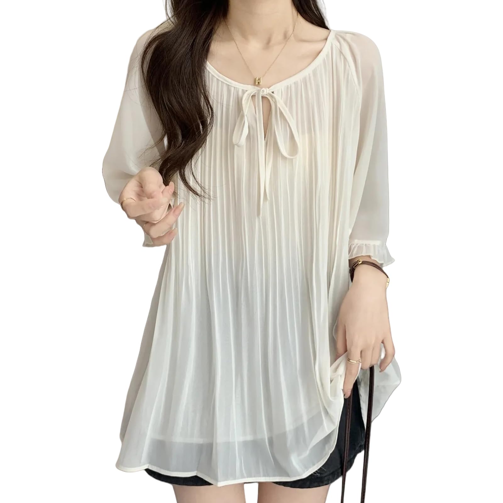 【送料無料】[Merelop Ceto] ブラウス レディース 半袖 シャツ シフォン トップス クルーネック ワイシ..