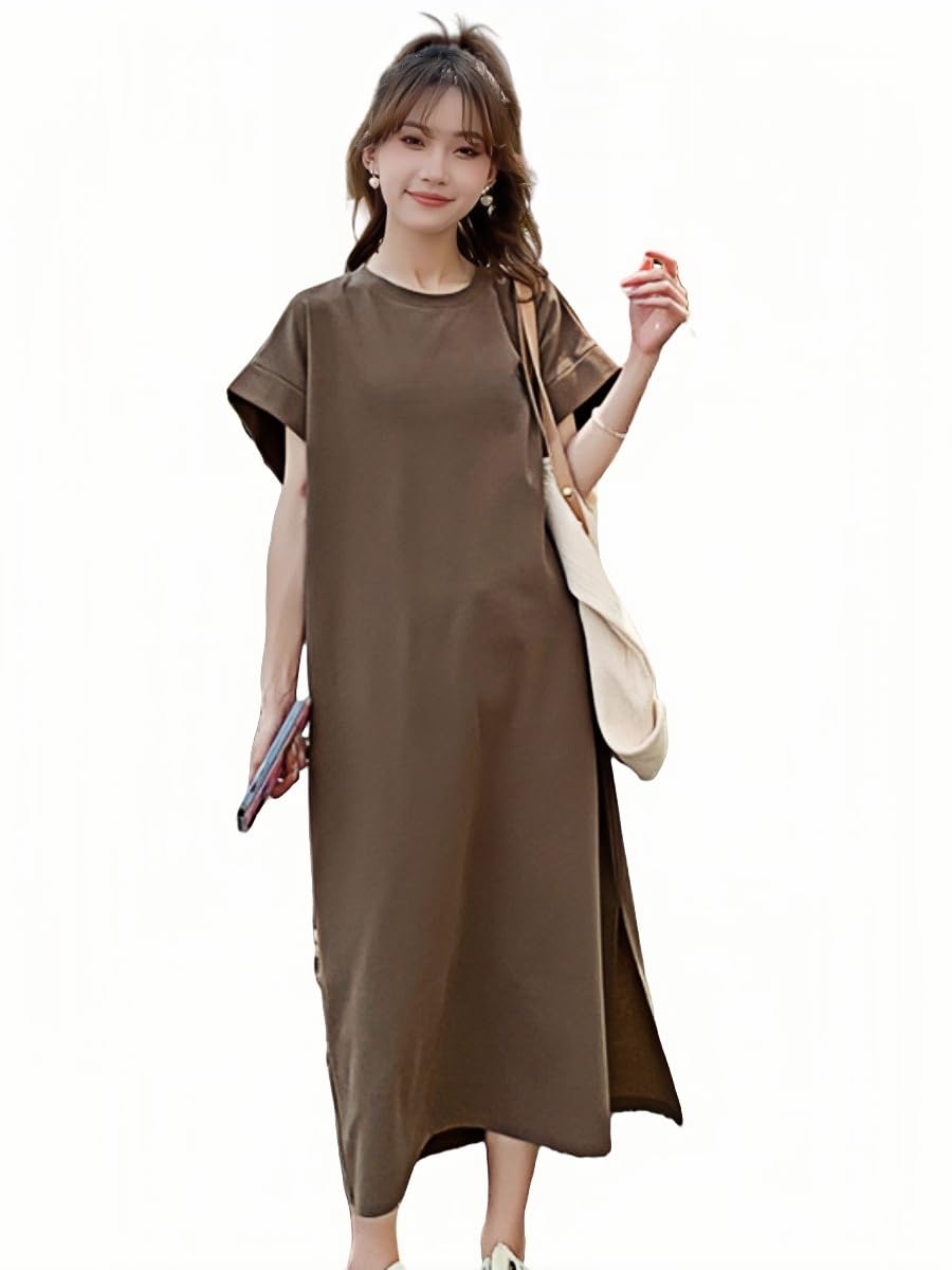 【送料無料】[Ynecss] ワンピース 半袖 レディースで快適な 痩せ見え ゆったり Tシャツワンピース カジュアル せ ドレス 入 おしゃれ シンプル 通気性 薄手 春夏秋 色：1#コーヒー、サイズ：2XL