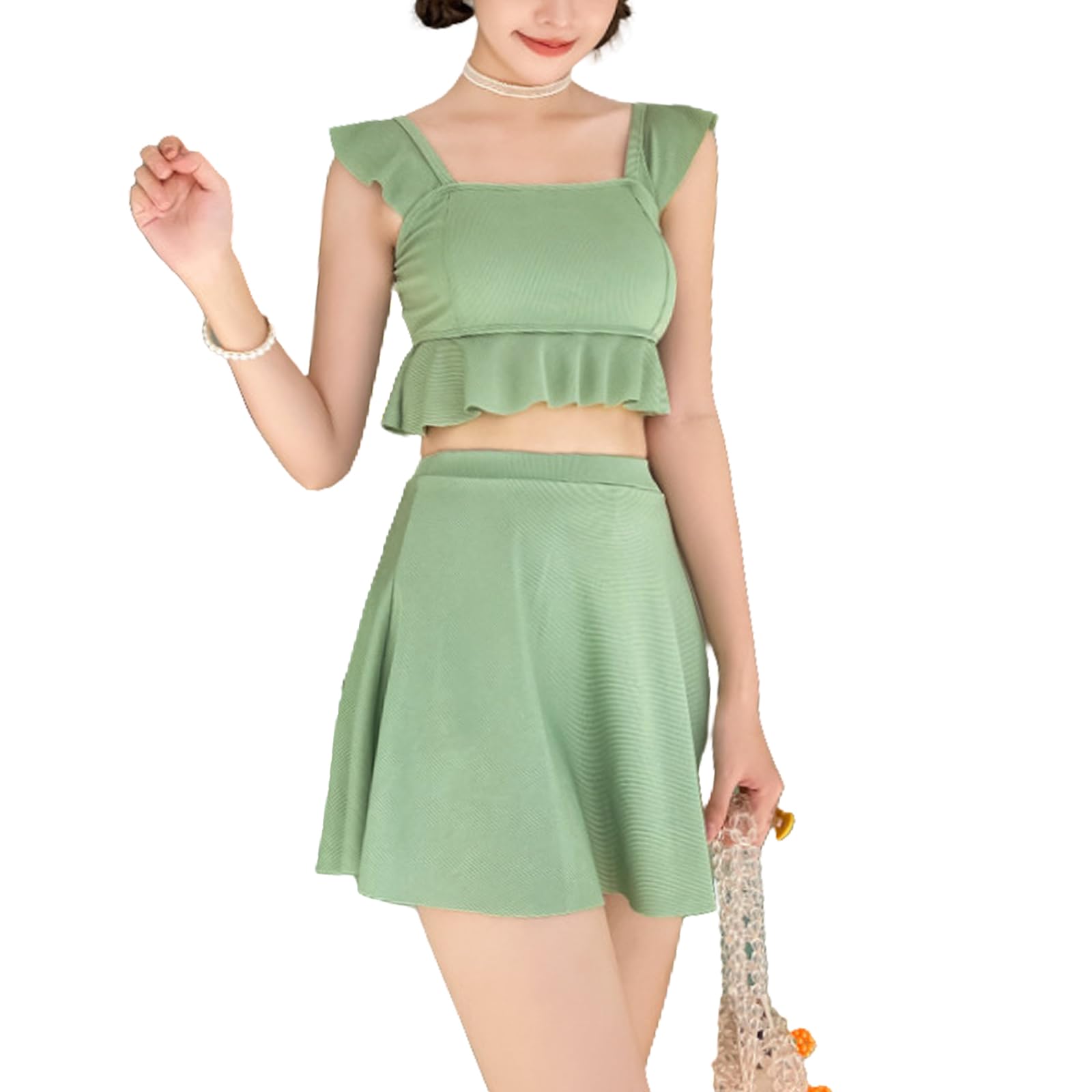 【送料無料】[Merelop Ceto] 水着 レディース ビキニ 体型カバー タンキニ セパレート スカート 2点セット 可愛い ハイウエスト 無地 ビスチェ風 バスト盛れる フレア フリル かわいい 女性 温泉 水着 リゾート ビーチ 海 色：グリーン、サイズ：M
