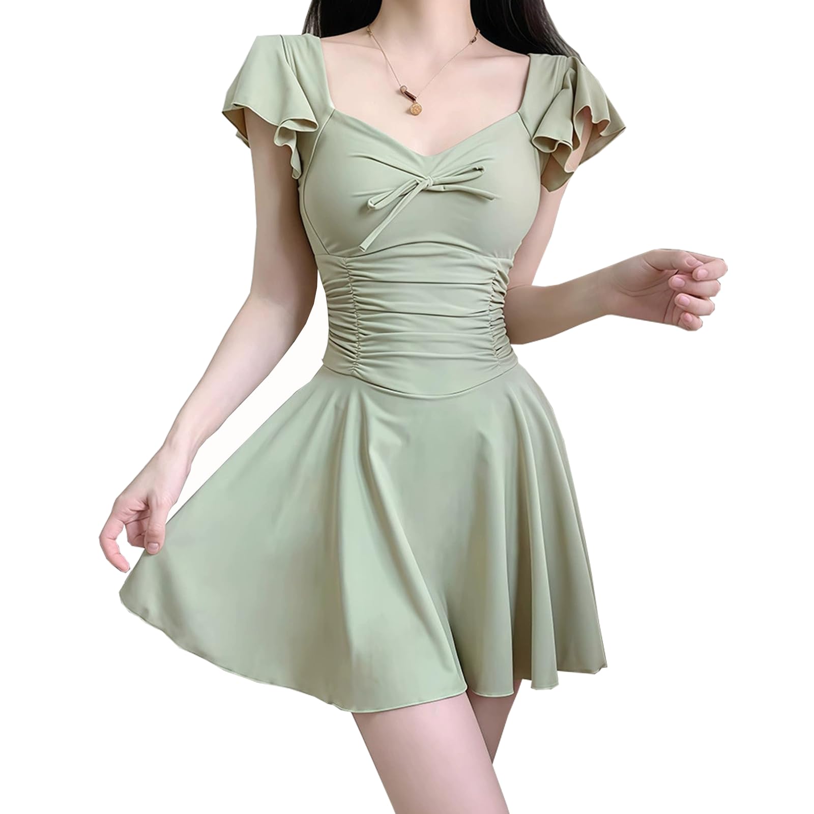 【送料無料】[CoeFodMavo] 水着 ワンピース レディース オールインワン パット付き ハイウエスト 体型カバー 露出控えめ 肩出し 無地 速乾 大人 可愛い セクシー プール ビーチ 海水浴 温泉水着 旅行 色：みどり、サイズ：M