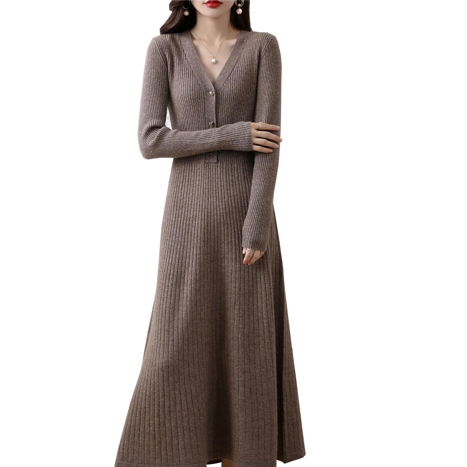 【送料無料】[CoeFodMavo] ニットワンピース レディース ロングワンピース 長袖 5ネック リブニット セーターワンピース Aライン 体型カバー カジュアル 上品 無地 可愛い 着せ デート 通勤 春 秋 冬 色：キャメル、サイズ：Free Size