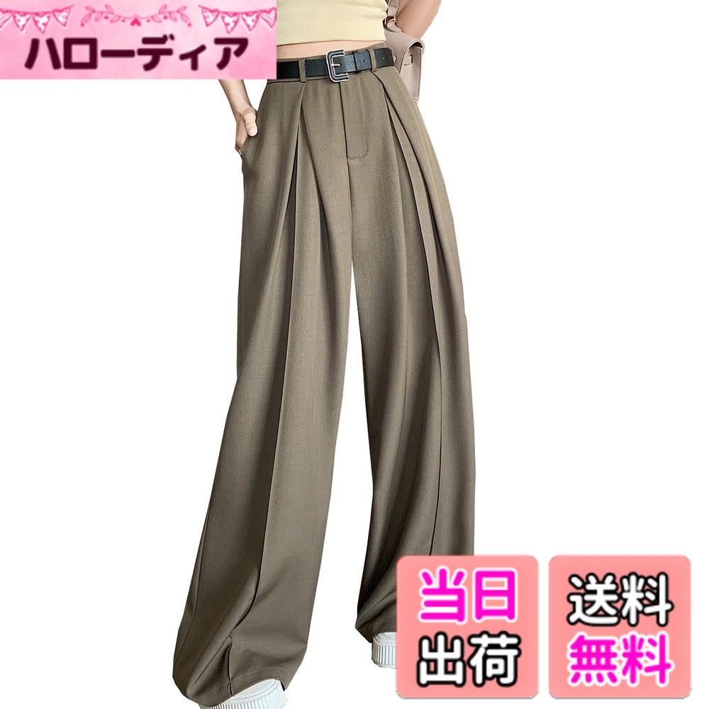 Rakuten - 【送料無料】[CoeFodMavo] ワイドパンツ レディース ロング タックワイドパンツ ガウチョパンツ 無地 ハイウエスト ウエストゴム ポケット付き 長ズボン 美脚 着痩せ ゆったり 大きいサイズ 通勤 オフィス カジュアル 春 秋 冬 色：キャメル、サイズ：M